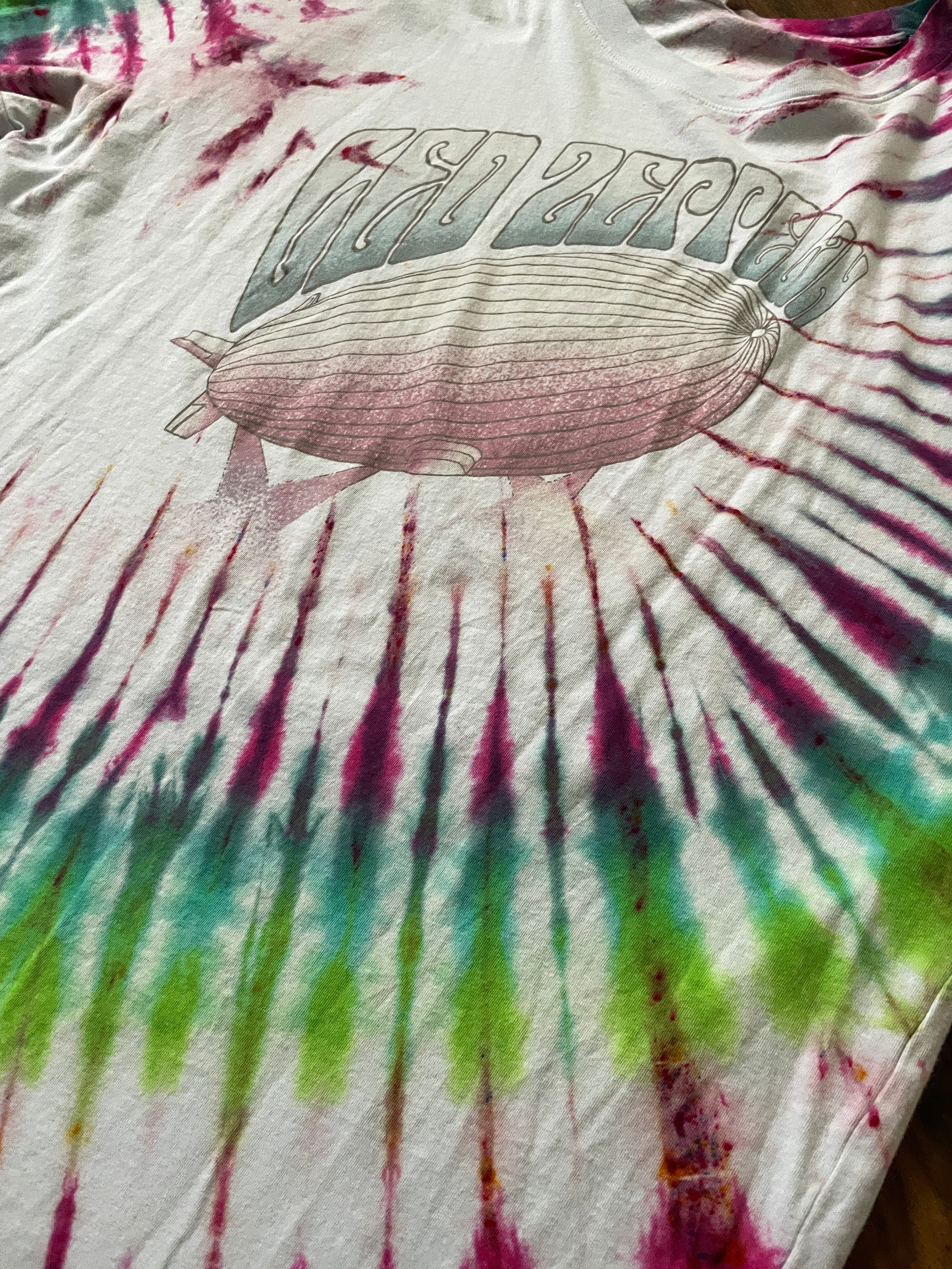 M/L Men's Led Zeppelin Mother Ship Handmade Tie Dye Short Sleeve T-Shirt | One-Of-a-Kind Upcycled Pink and Green Pleated Tie Dye Top