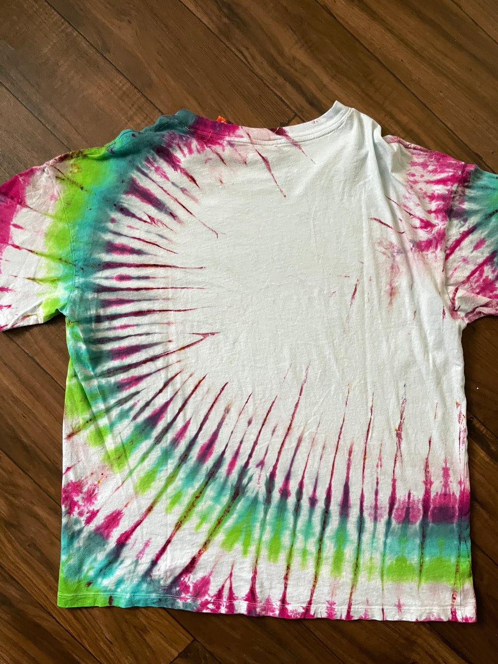 M/L Men's Led Zeppelin Mother Ship Handmade Tie Dye Short Sleeve T-Shirt | One-Of-a-Kind Upcycled Pink and Green Pleated Tie Dye Top