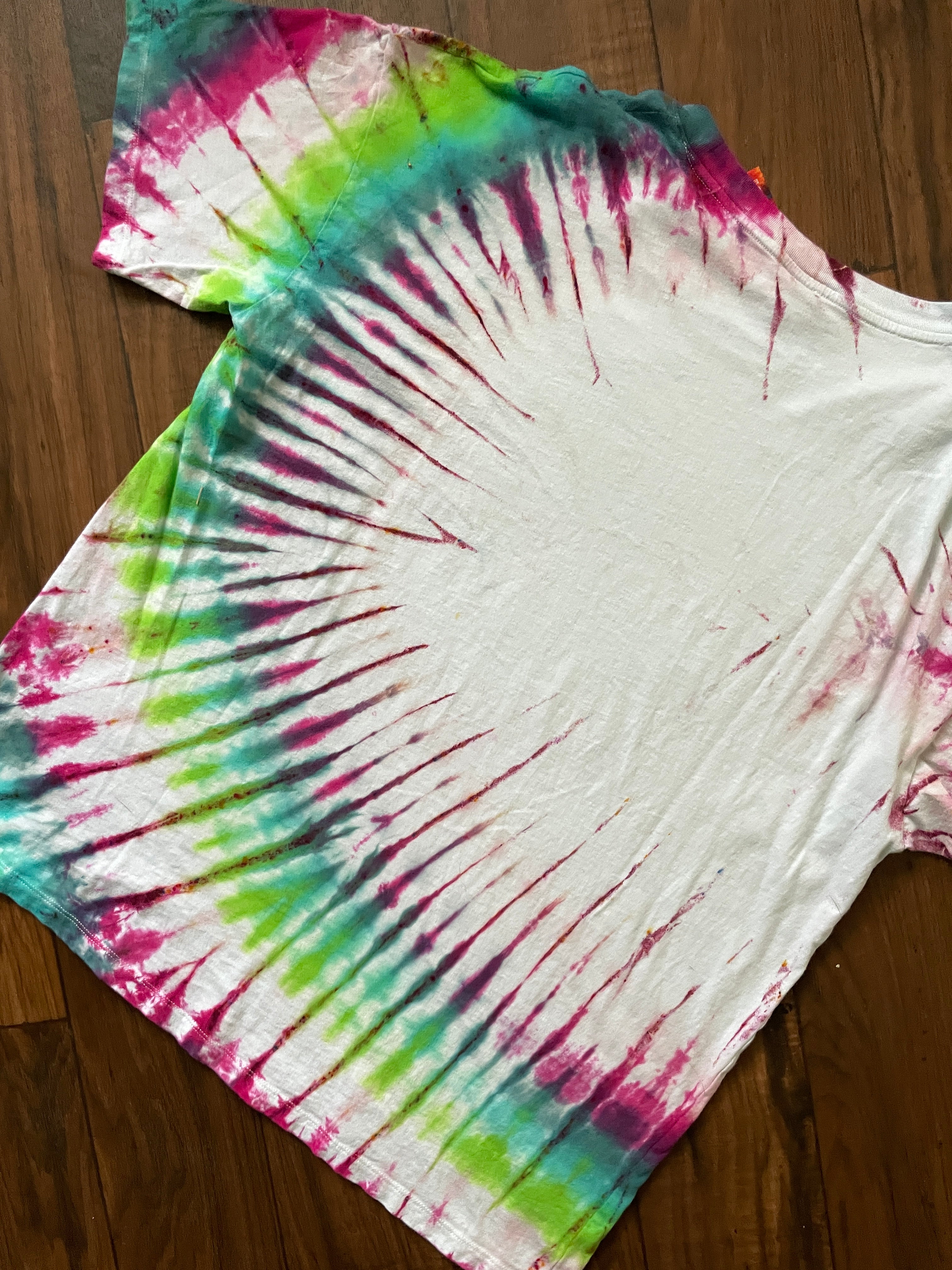 M/L Men's Led Zeppelin Mother Ship Handmade Tie Dye Short Sleeve T-Shirt | One-Of-a-Kind Upcycled Pink and Green Pleated Tie Dye Top