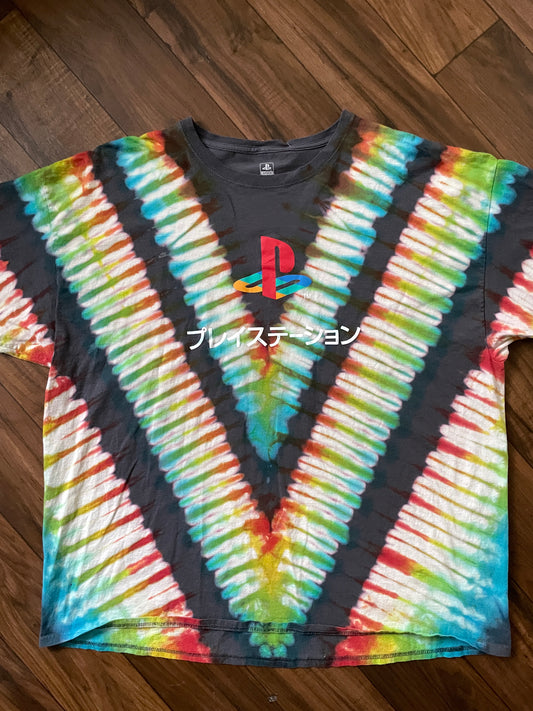 Playstation Japan Handmade Reverse Tie Dye Short Sleeve T-Shirt | One-Of-a-Kind Upcycled Gray, Red, and Blue V-Pleated Tie Dye Top | Men's 3XL