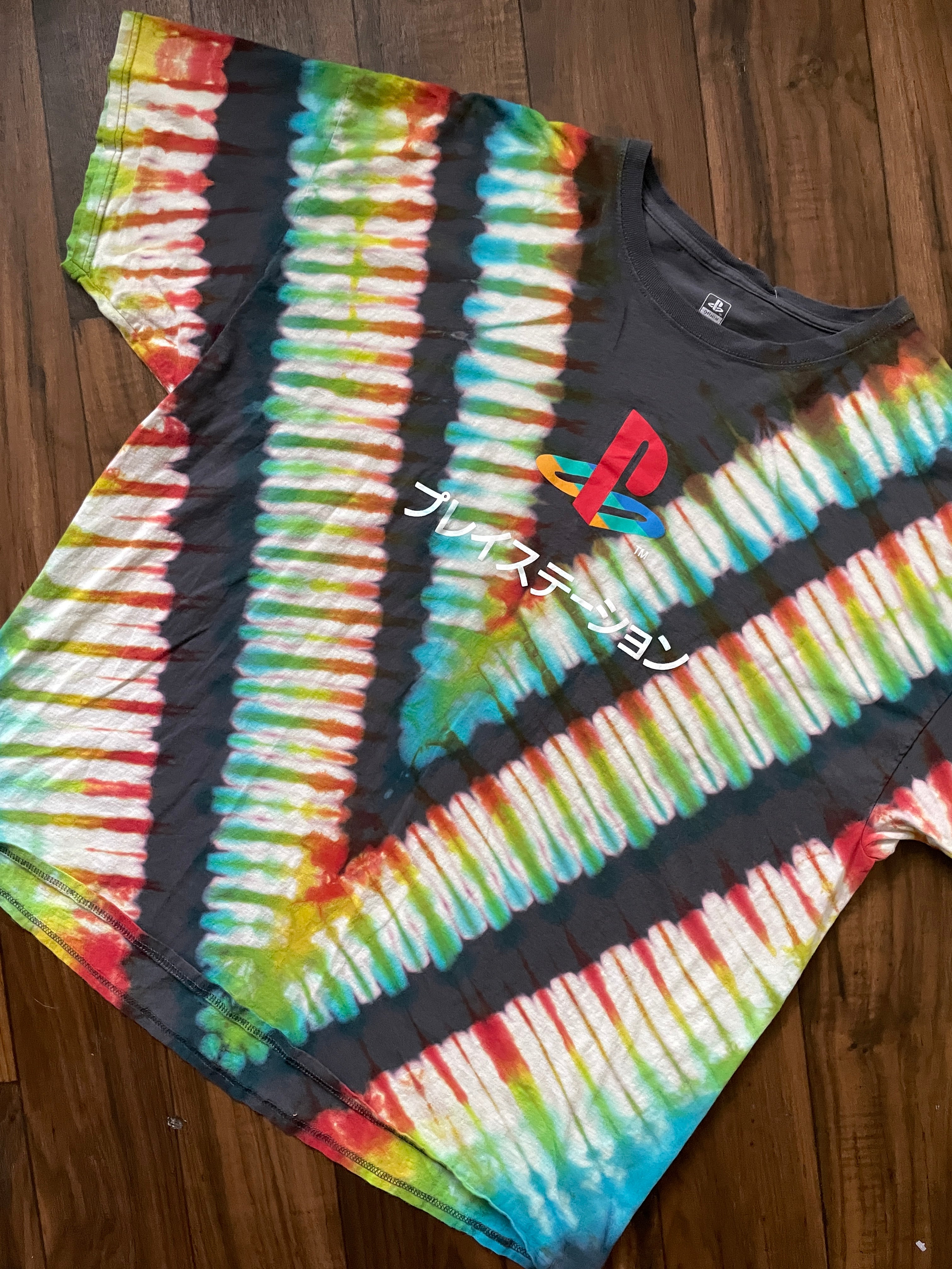 Playstation Japan Handmade Reverse Tie Dye Short Sleeve T-Shirt | One-Of-a-Kind Upcycled Gray, Red, and Blue V-Pleated Tie Dye Top | Men's 3XL