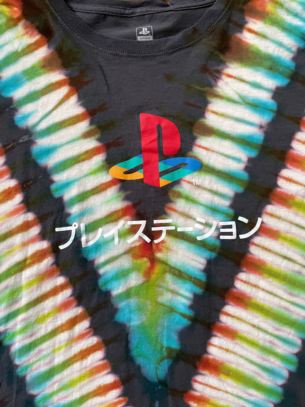 Playstation Japan Handmade Reverse Tie Dye Short Sleeve T-Shirt | One-Of-a-Kind Upcycled Gray, Red, and Blue V-Pleated Tie Dye Top | Men's 3XL