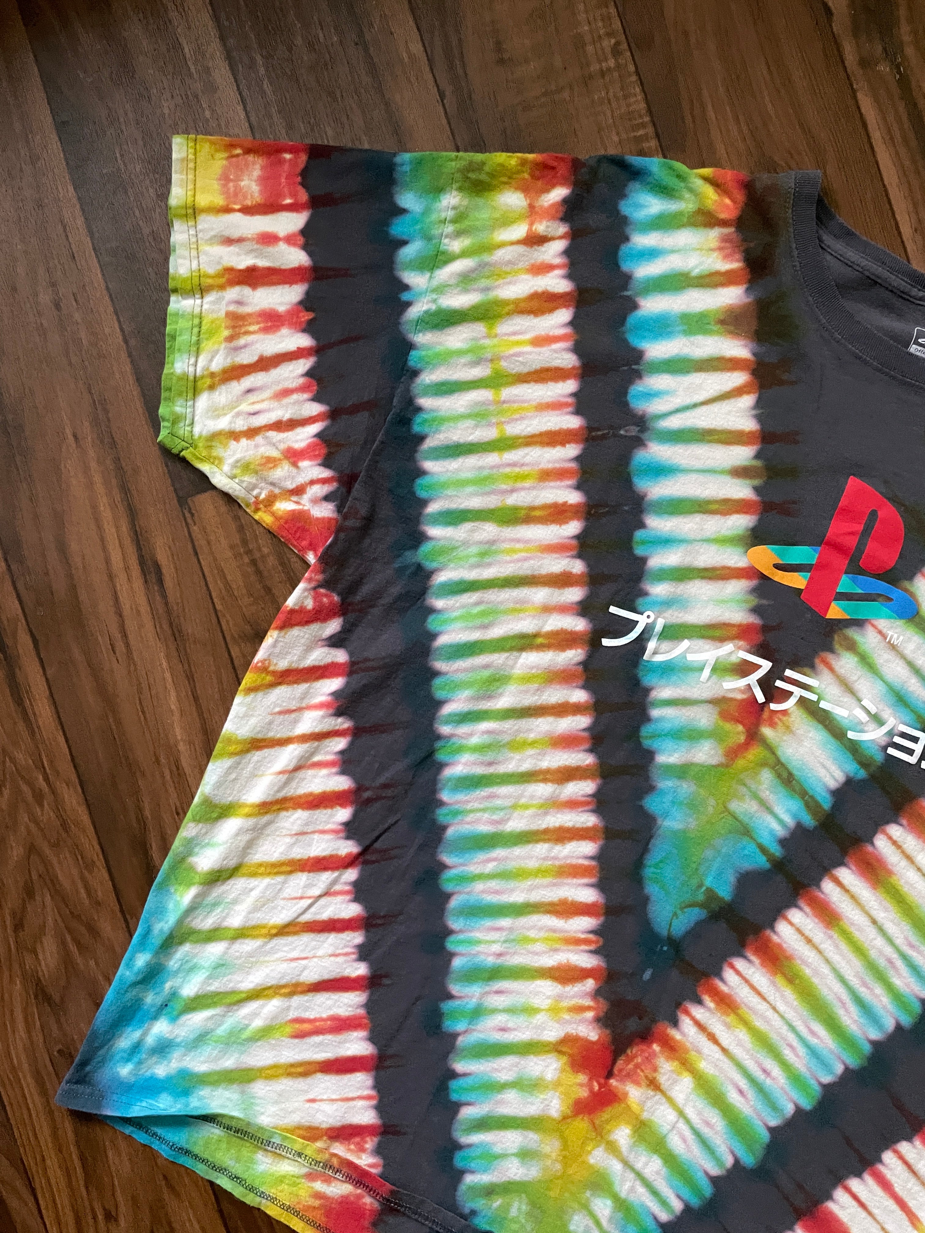 Playstation Japan Handmade Reverse Tie Dye Short Sleeve T-Shirt | One-Of-a-Kind Upcycled Gray, Red, and Blue V-Pleated Tie Dye Top | Men's 3XL