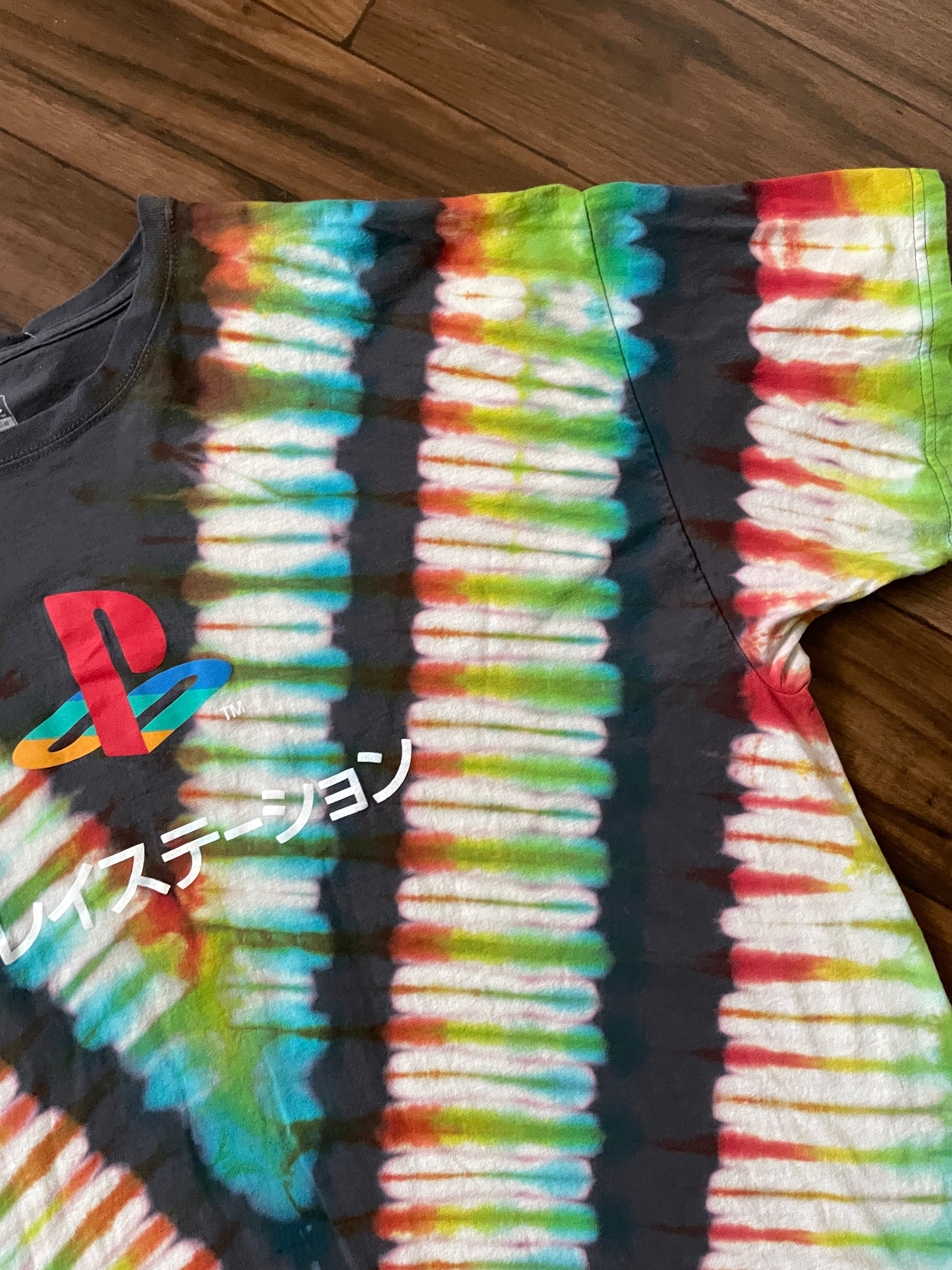 Playstation Japan Handmade Reverse Tie Dye Short Sleeve T-Shirt | One-Of-a-Kind Upcycled Gray, Red, and Blue V-Pleated Tie Dye Top | Men's 3XL