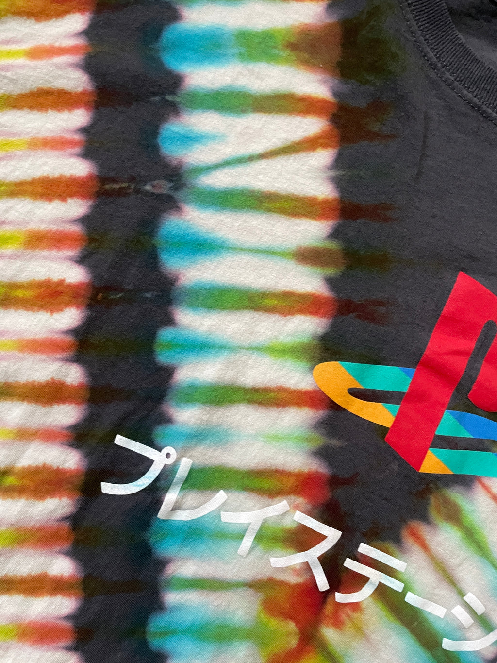Playstation Japan Handmade Reverse Tie Dye Short Sleeve T-Shirt | One-Of-a-Kind Upcycled Gray, Red, and Blue V-Pleated Tie Dye Top | Men's 3XL