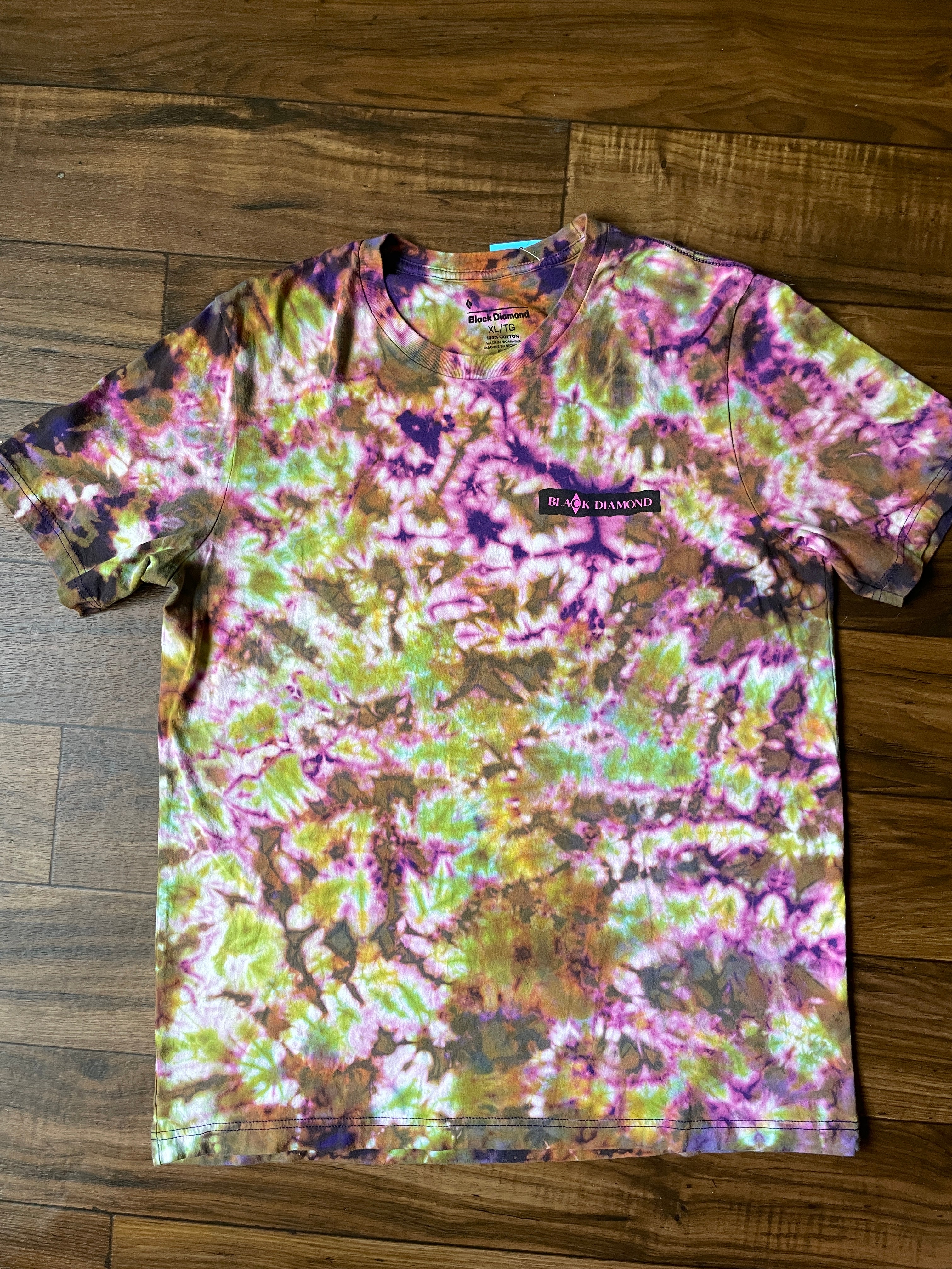 Black Diamond retro Handmade Reverse Tie Dye Short Sleeve T-Shirt | One-Of-a-Kind Upcycled Purple, Pink, Green, and Yellow Crumpled Tie Dye Top | Men's XL