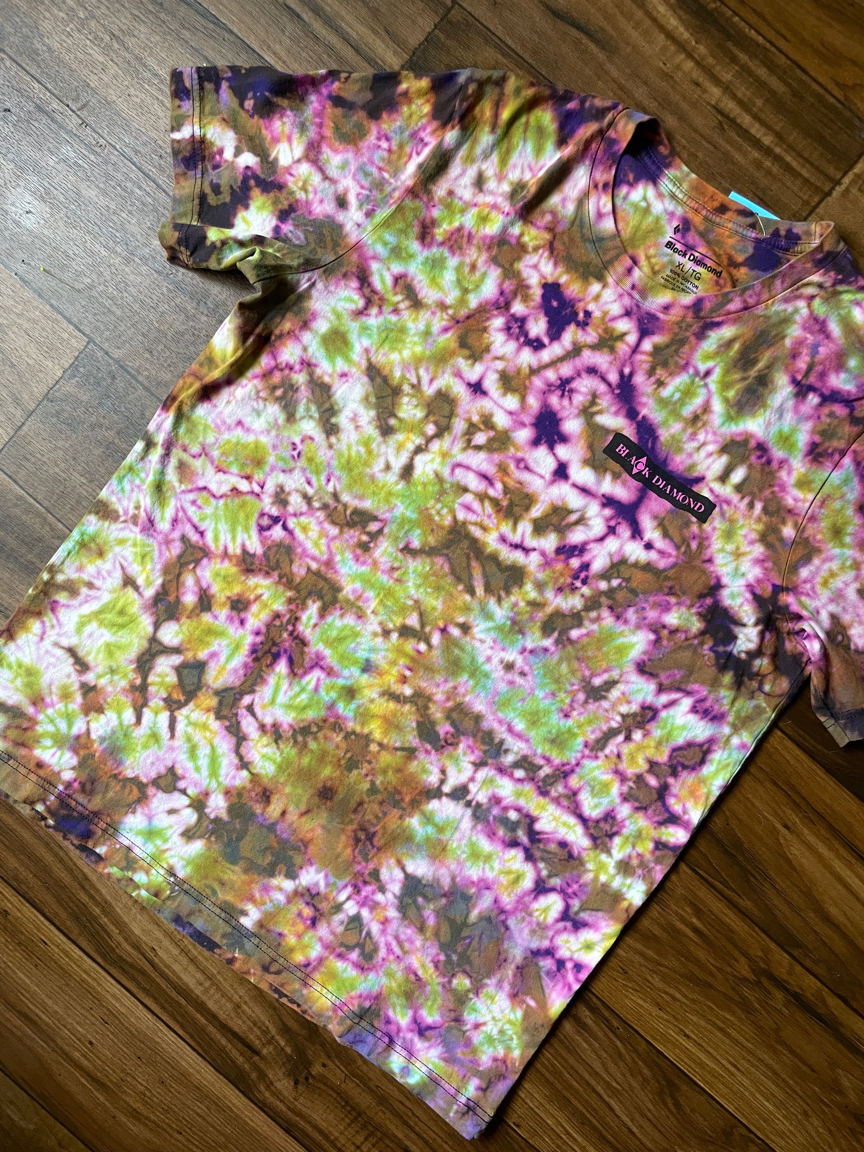 Black Diamond retro Handmade Reverse Tie Dye Short Sleeve T-Shirt | One-Of-a-Kind Upcycled Purple, Pink, Green, and Yellow Crumpled Tie Dye Top | Men's XL