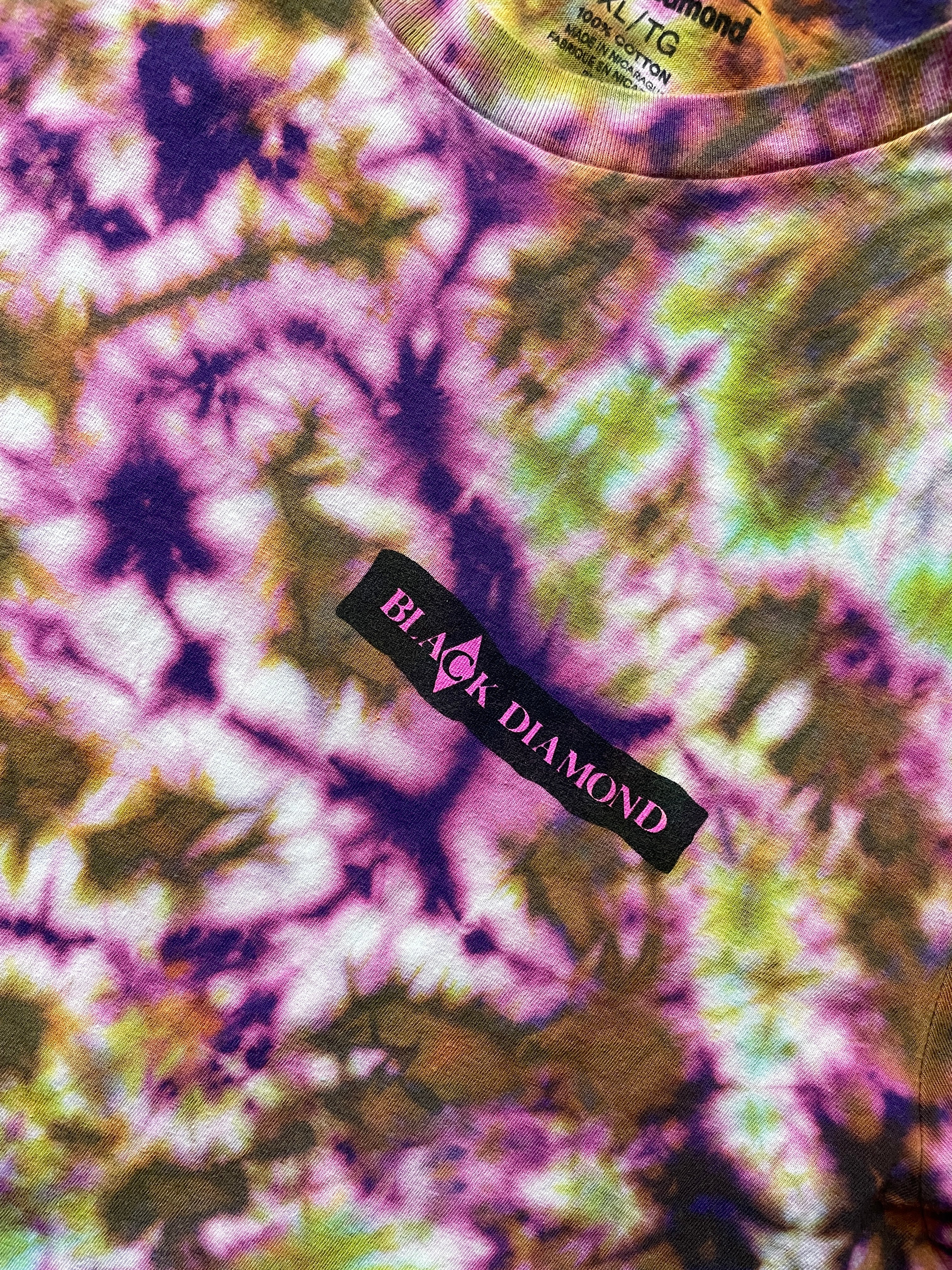 Black Diamond retro Handmade Reverse Tie Dye Short Sleeve T-Shirt | One-Of-a-Kind Upcycled Purple, Pink, Green, and Yellow Crumpled Tie Dye Top | Men's XL