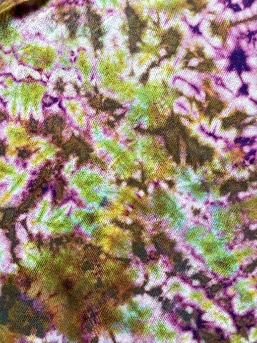 Black Diamond retro Handmade Reverse Tie Dye Short Sleeve T-Shirt | One-Of-a-Kind Upcycled Purple, Pink, Green, and Yellow Crumpled Tie Dye Top | Men's XL