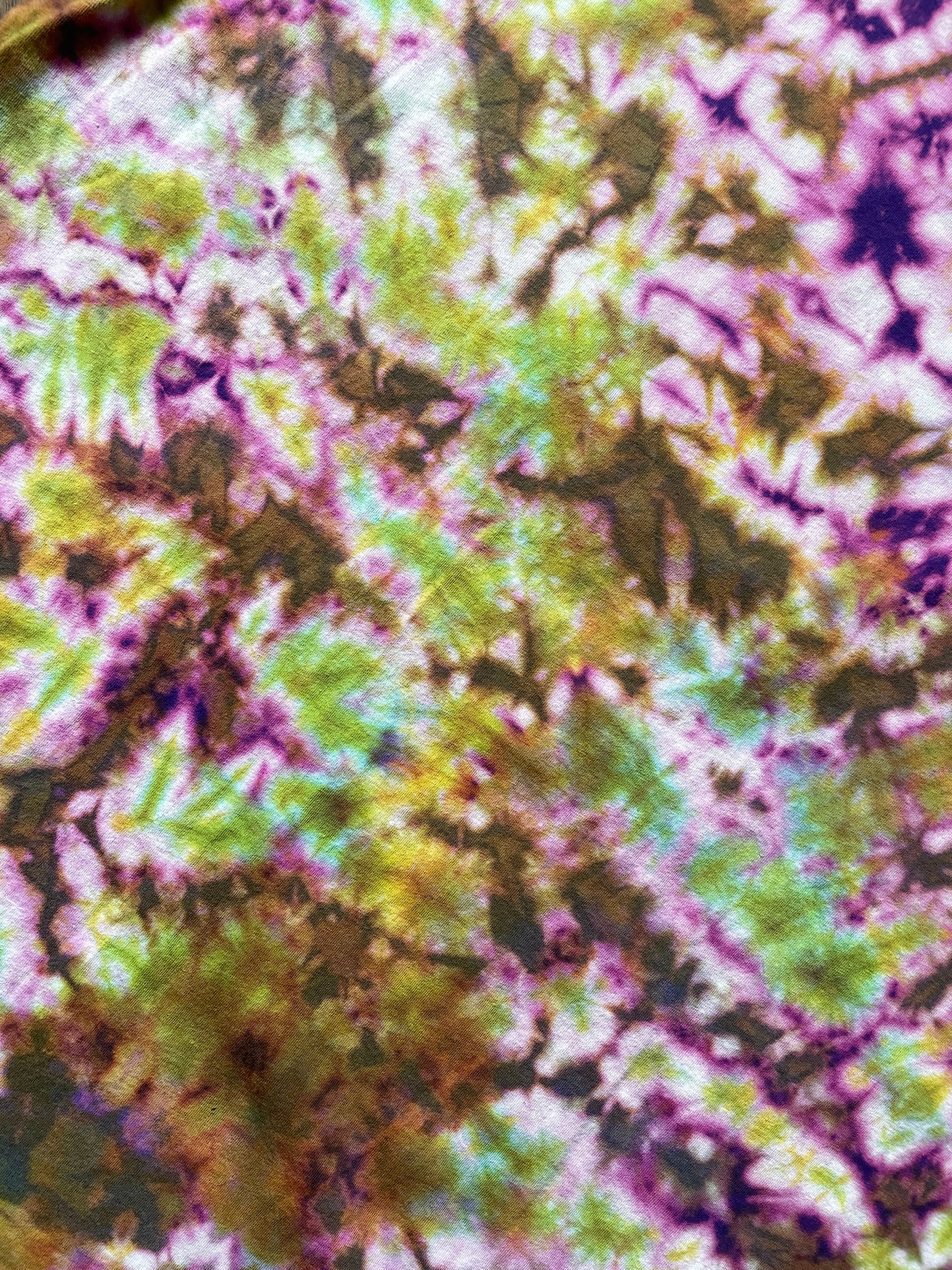 Black Diamond retro Handmade Reverse Tie Dye Short Sleeve T-Shirt | One-Of-a-Kind Upcycled Purple, Pink, Green, and Yellow Crumpled Tie Dye Top | Men's XL