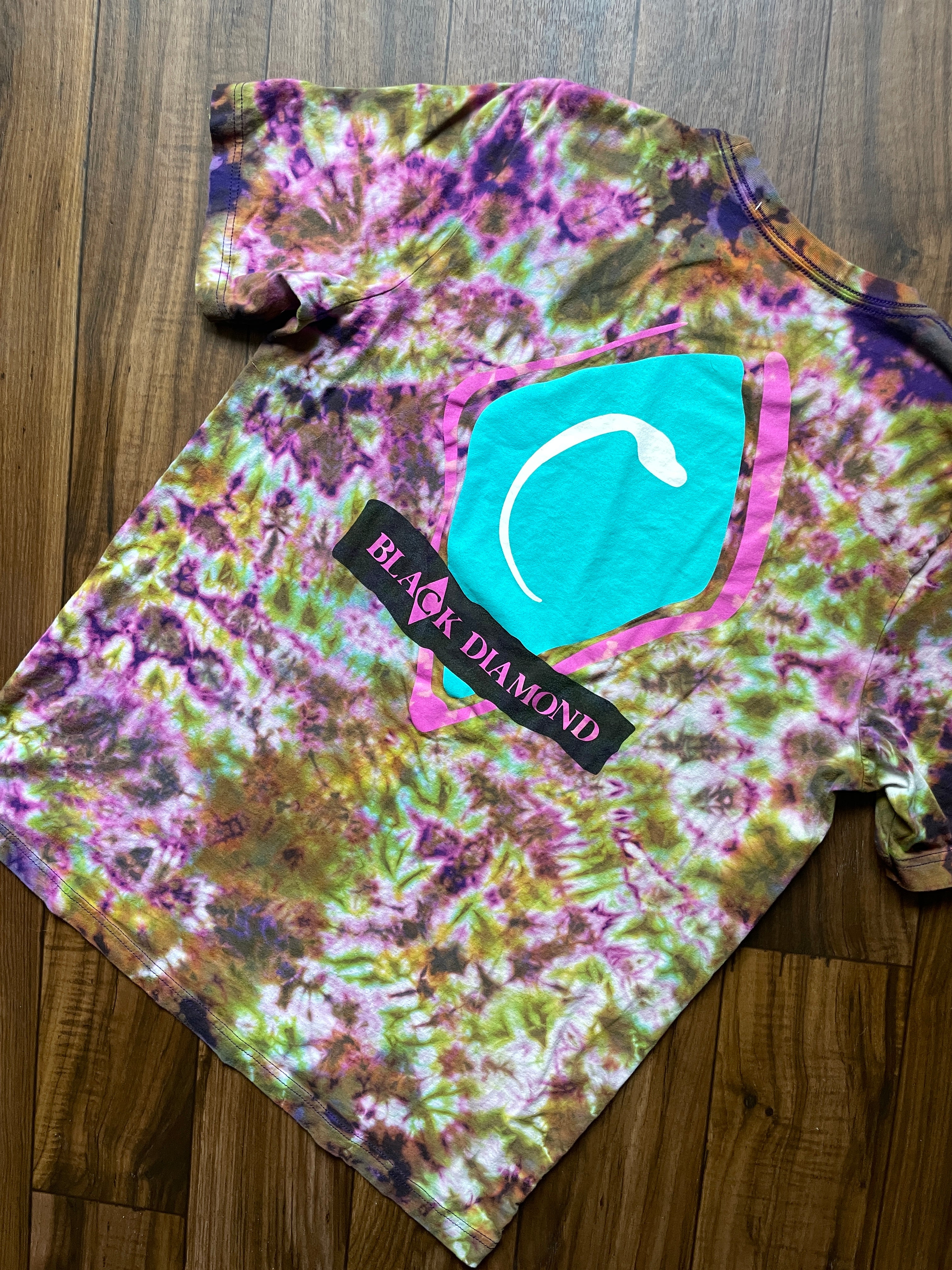 Black Diamond retro Handmade Reverse Tie Dye Short Sleeve T-Shirt | One-Of-a-Kind Upcycled Purple, Pink, Green, and Yellow Crumpled Tie Dye Top | Men's XL