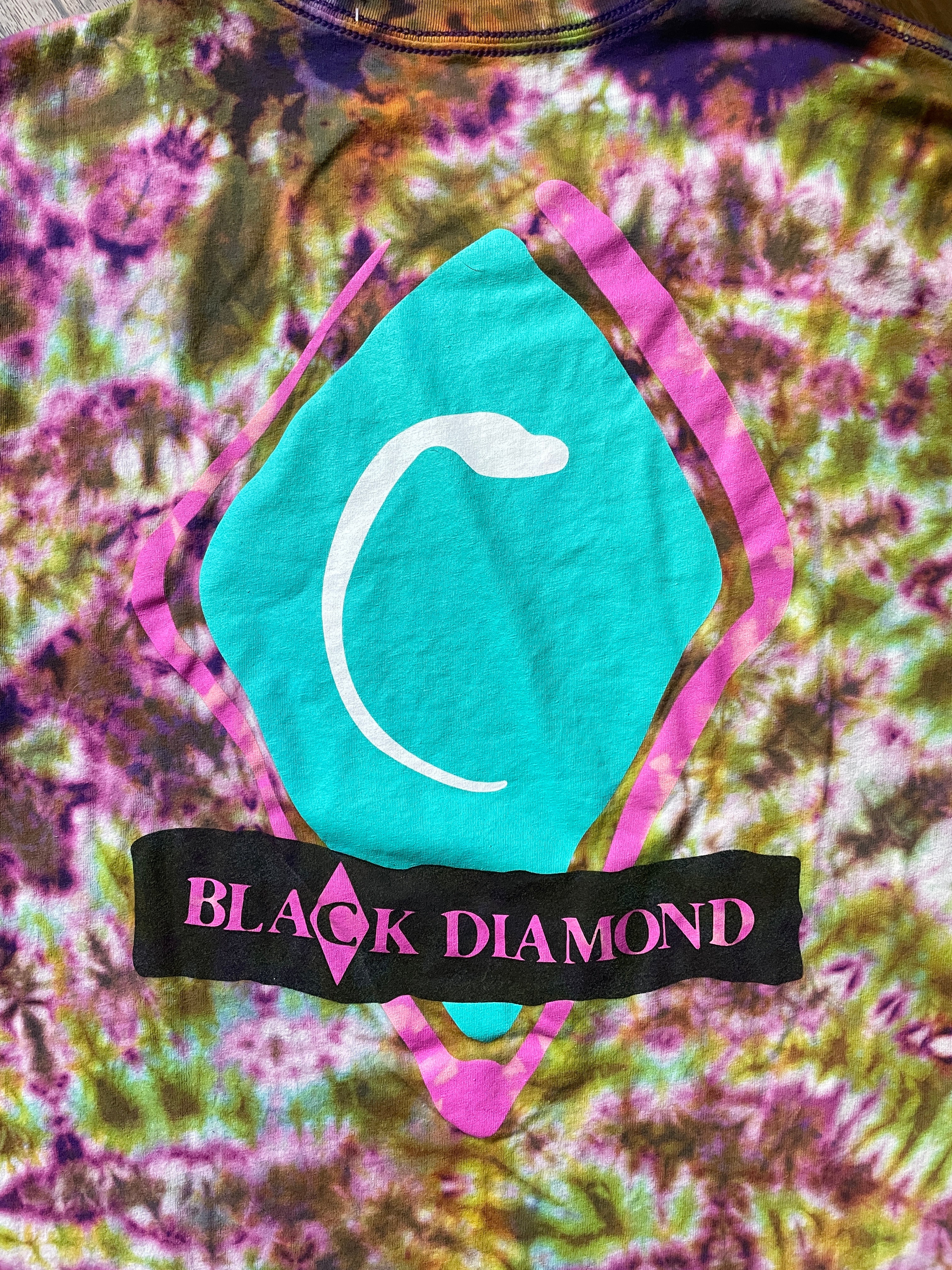 Black Diamond retro Handmade Reverse Tie Dye Short Sleeve T-Shirt | One-Of-a-Kind Upcycled Purple, Pink, Green, and Yellow Crumpled Tie Dye Top | Men's XL