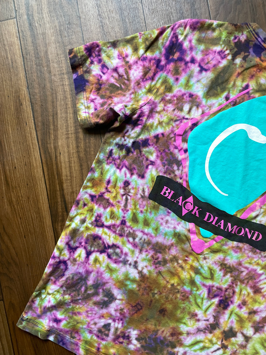 Black Diamond retro Handmade Reverse Tie Dye Short Sleeve T-Shirt | One-Of-a-Kind Upcycled Purple, Pink, Green, and Yellow Crumpled Tie Dye Top | Men's XL