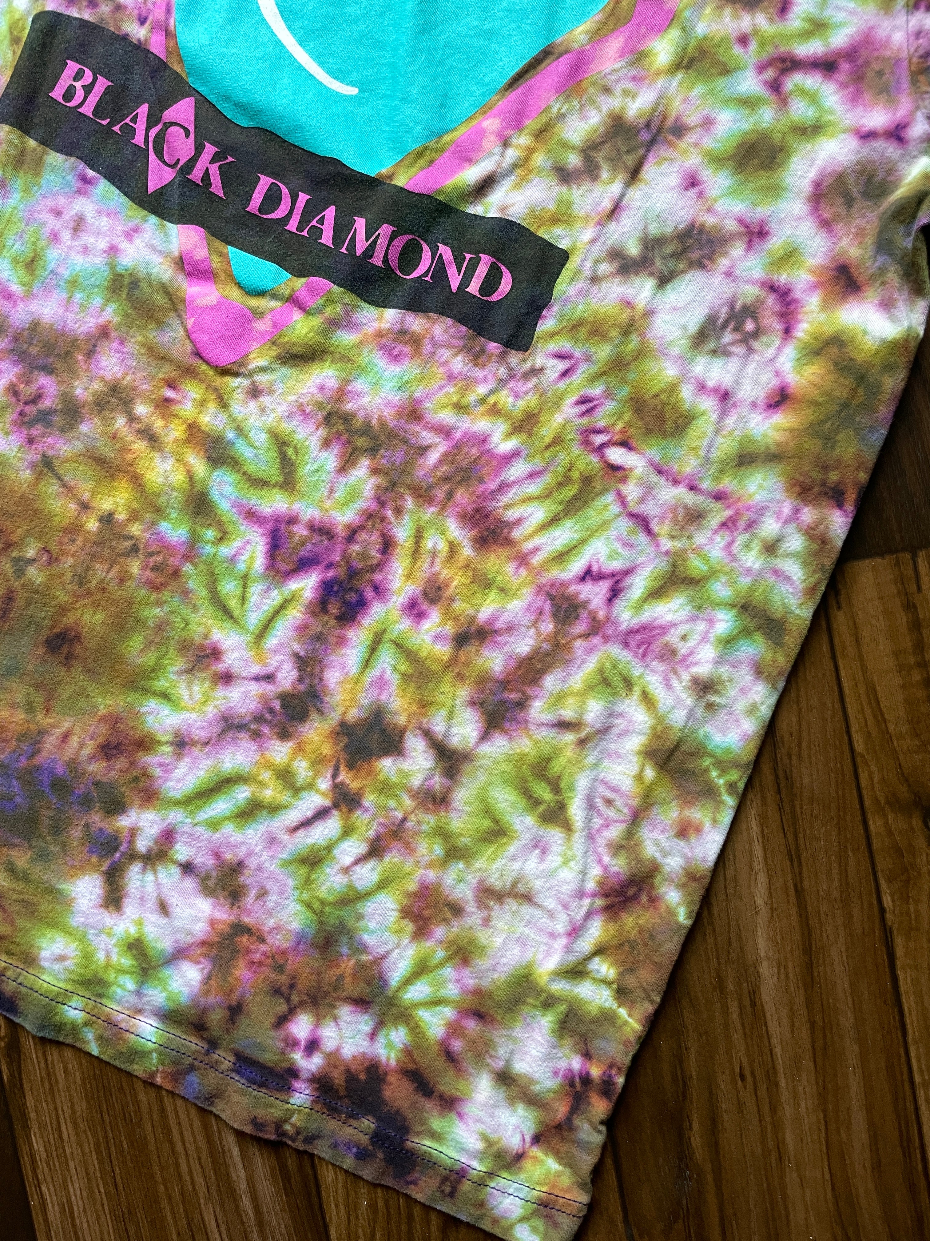 Black Diamond retro Handmade Reverse Tie Dye Short Sleeve T-Shirt | One-Of-a-Kind Upcycled Purple, Pink, Green, and Yellow Crumpled Tie Dye Top | Men's XL