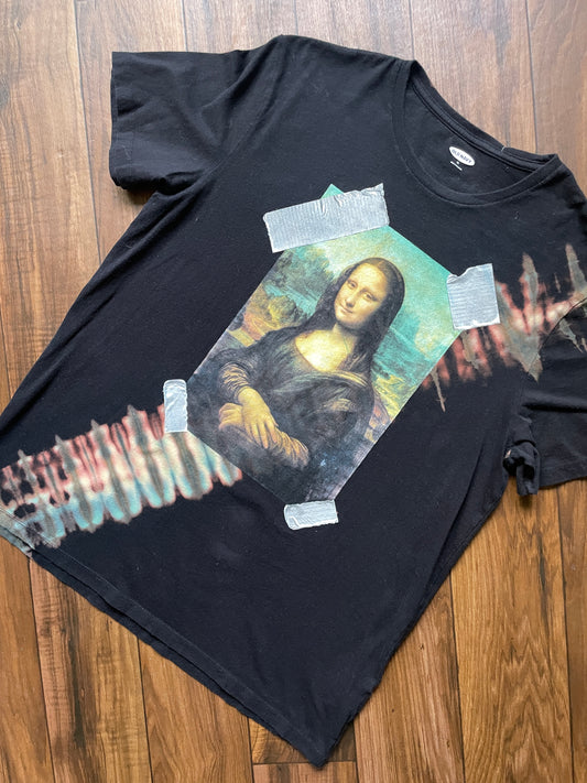 Mona Lisa Duct Tape Handmade Reverse Tie Dye Short Sleeve T-Shirt | One-Of-a-Kind Upcycled Black and Blue Tie Dye Top | Men's XL