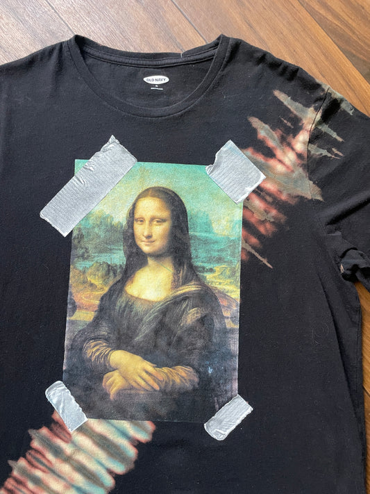 Mona Lisa Duct Tape Handmade Reverse Tie Dye Short Sleeve T-Shirt | One-Of-a-Kind Upcycled Black and Blue Tie Dye Top | Men's XL