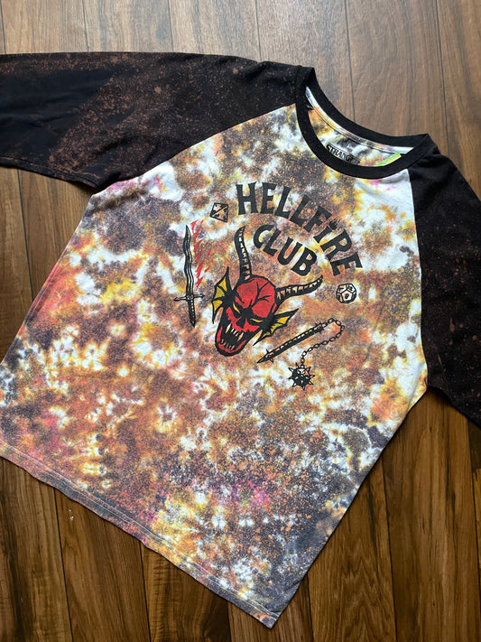 Stranger Things Hellfire Club Handmade Reverse Tie Dye Baseball Tee | One-Of-a-Kind Upcycled Red and Orange "Fire Dye" Top | Men's XL