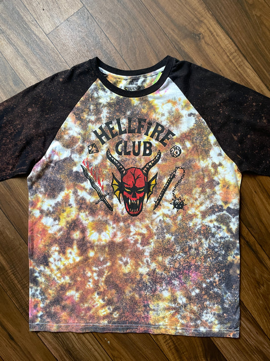 Stranger Things Hellfire Club Handmade Reverse Tie Dye Baseball Tee | One-Of-a-Kind Upcycled Red and Orange "Fire Dye" Top | Men's XL