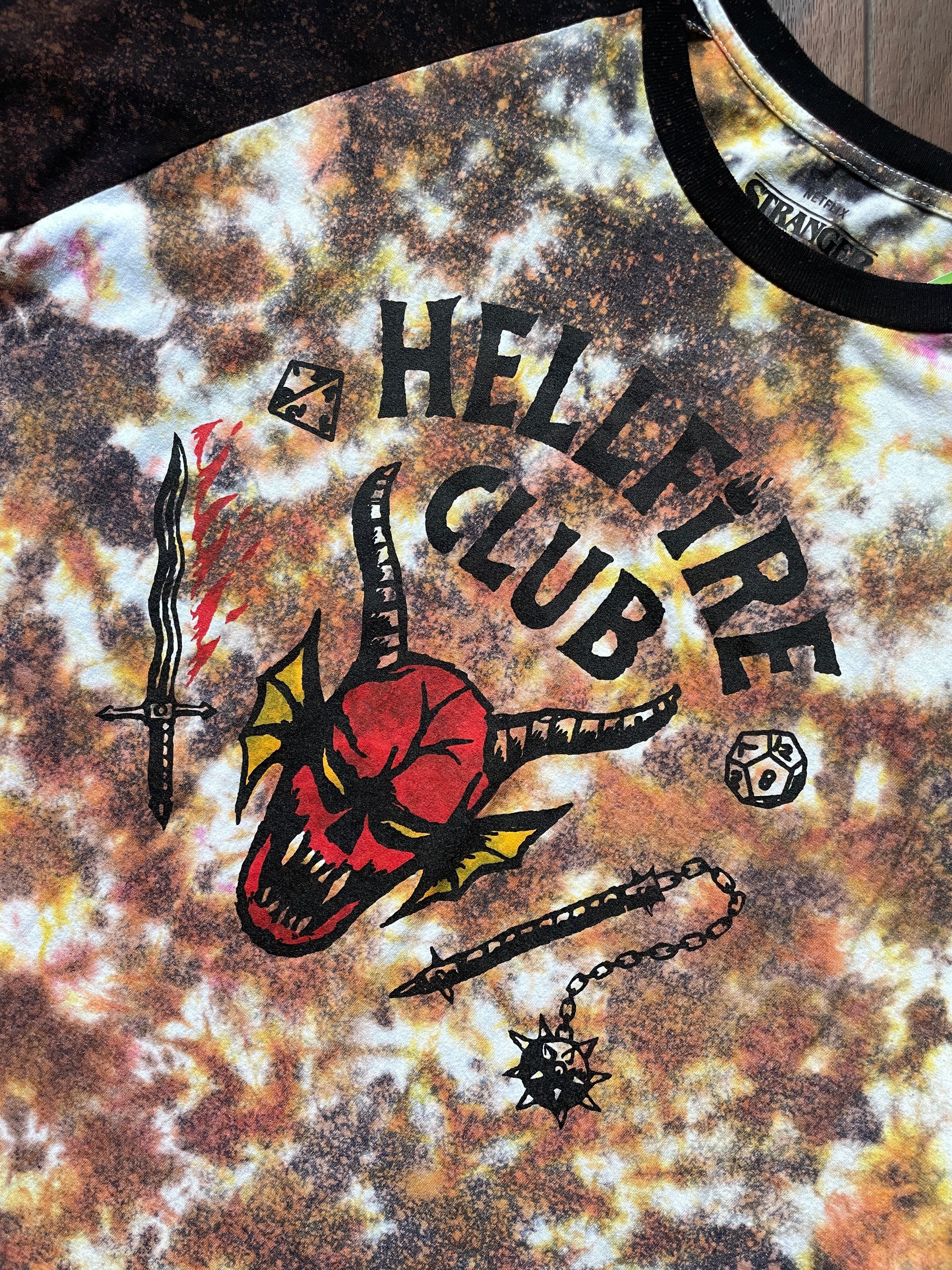 Stranger Things Hellfire Club Handmade Reverse Tie Dye Baseball Tee | One-Of-a-Kind Upcycled Red and Orange "Fire Dye" Top | Men's XL