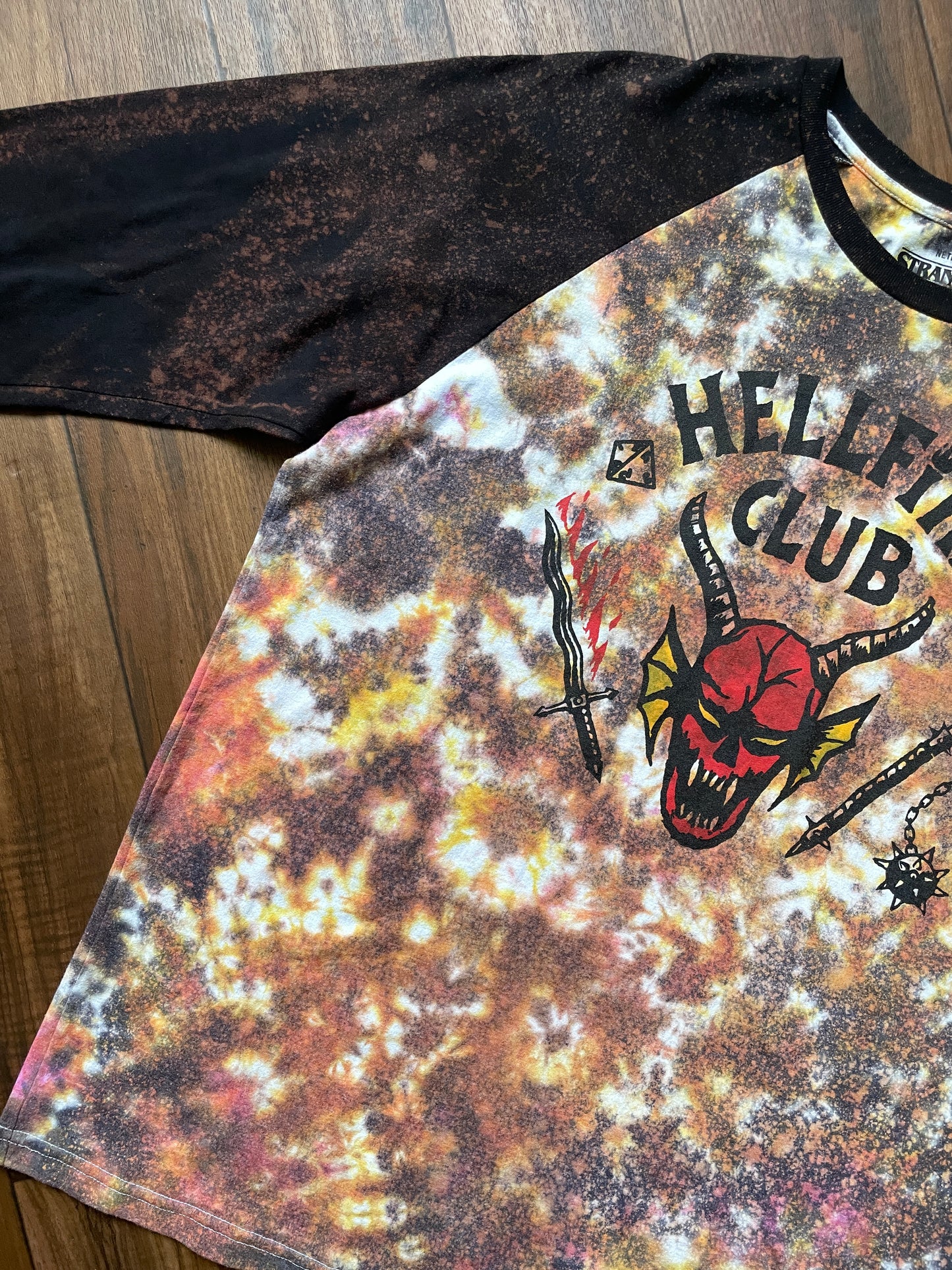 Stranger Things Hellfire Club Handmade Reverse Tie Dye Baseball Tee | One-Of-a-Kind Upcycled Red and Orange "Fire Dye" Top | Men's XL