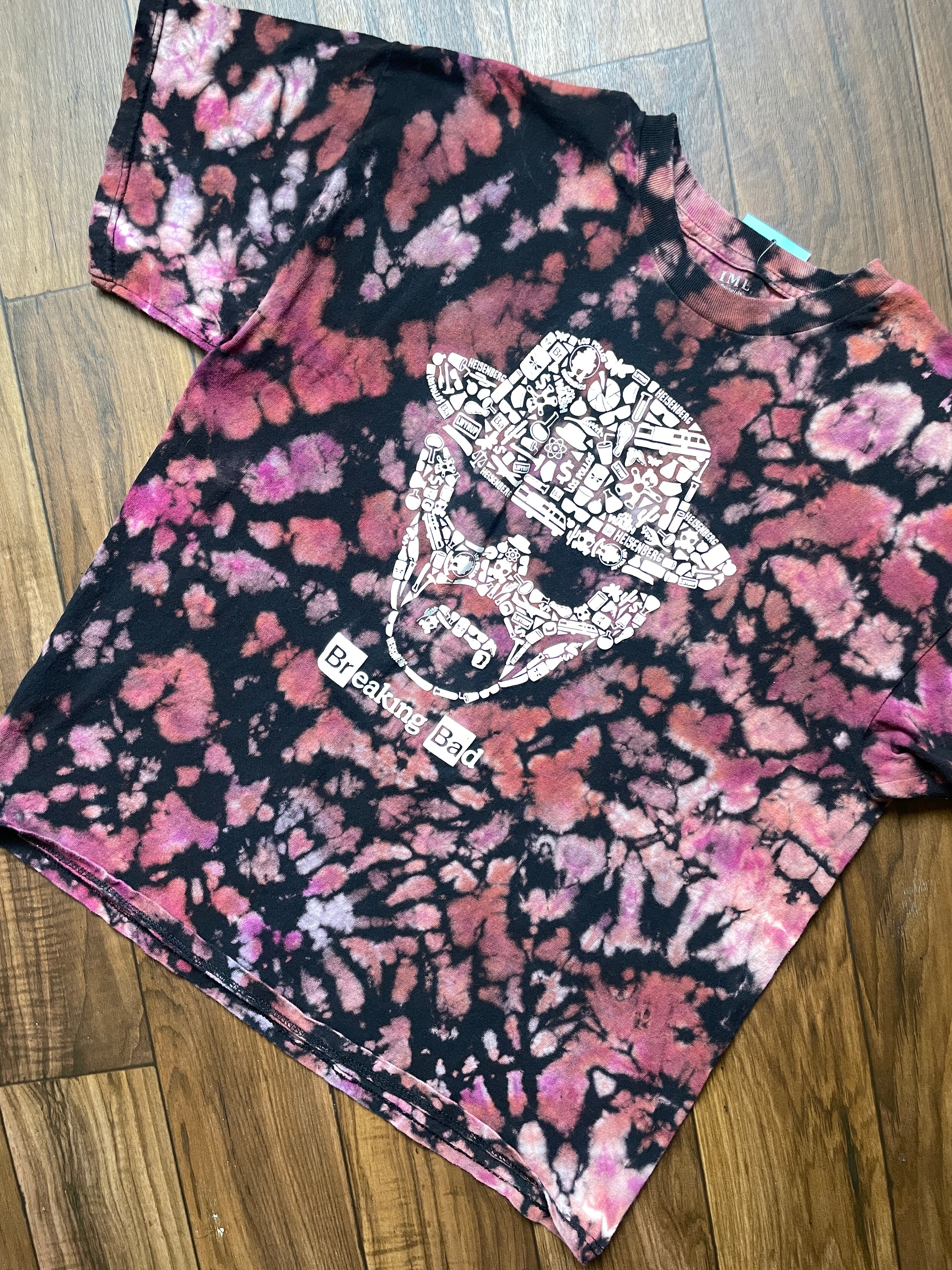 Breaking Bad Heisenberg Handmade Reverse Tie Dye Short Sleeve T-Shirt | One-Of-a-Kind Upcycled Black and Maroon Top | Men's XL