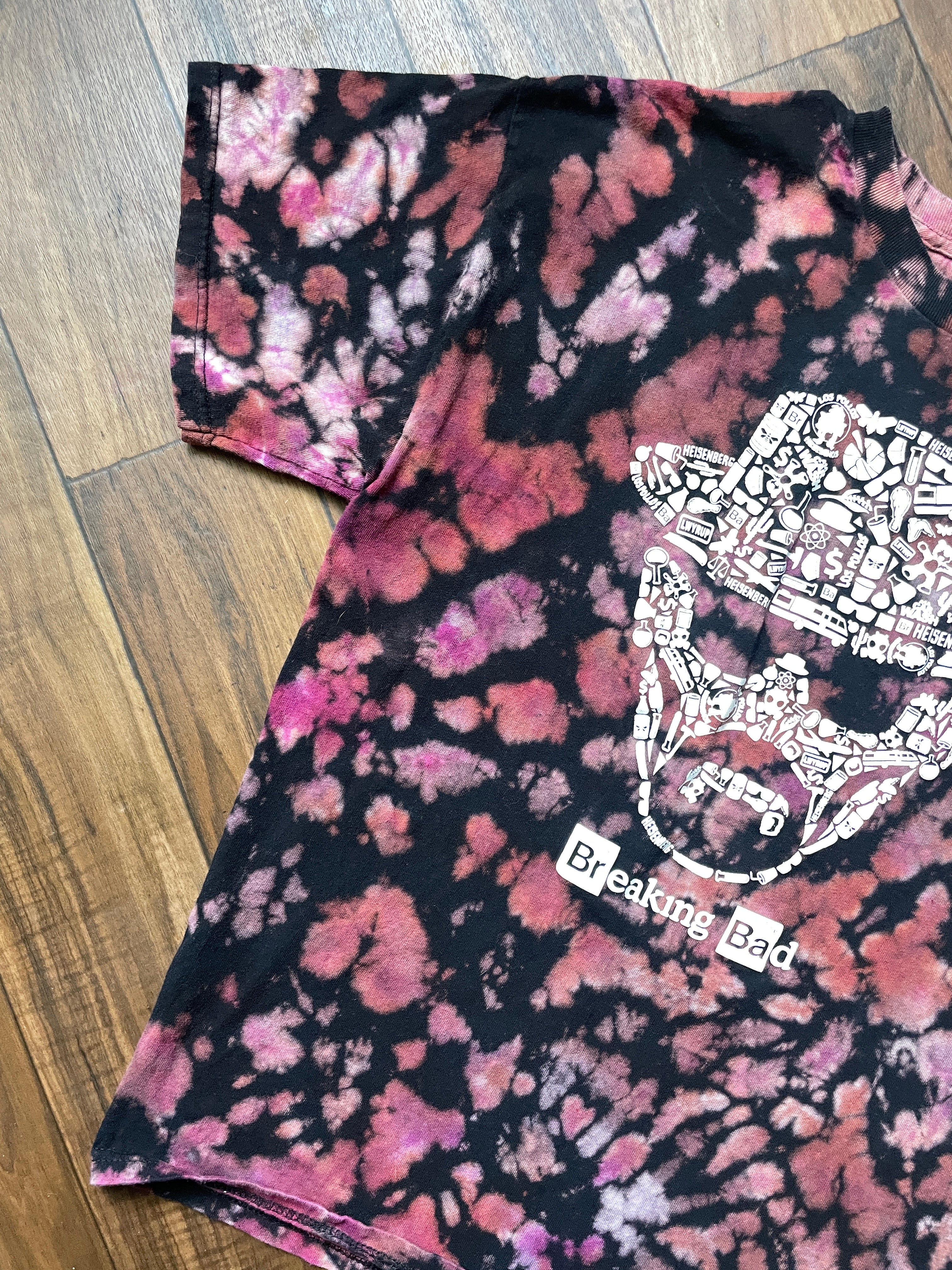 Breaking Bad Heisenberg Handmade Reverse Tie Dye Short Sleeve T-Shirt | One-Of-a-Kind Upcycled Black and Maroon Top | Men's XL