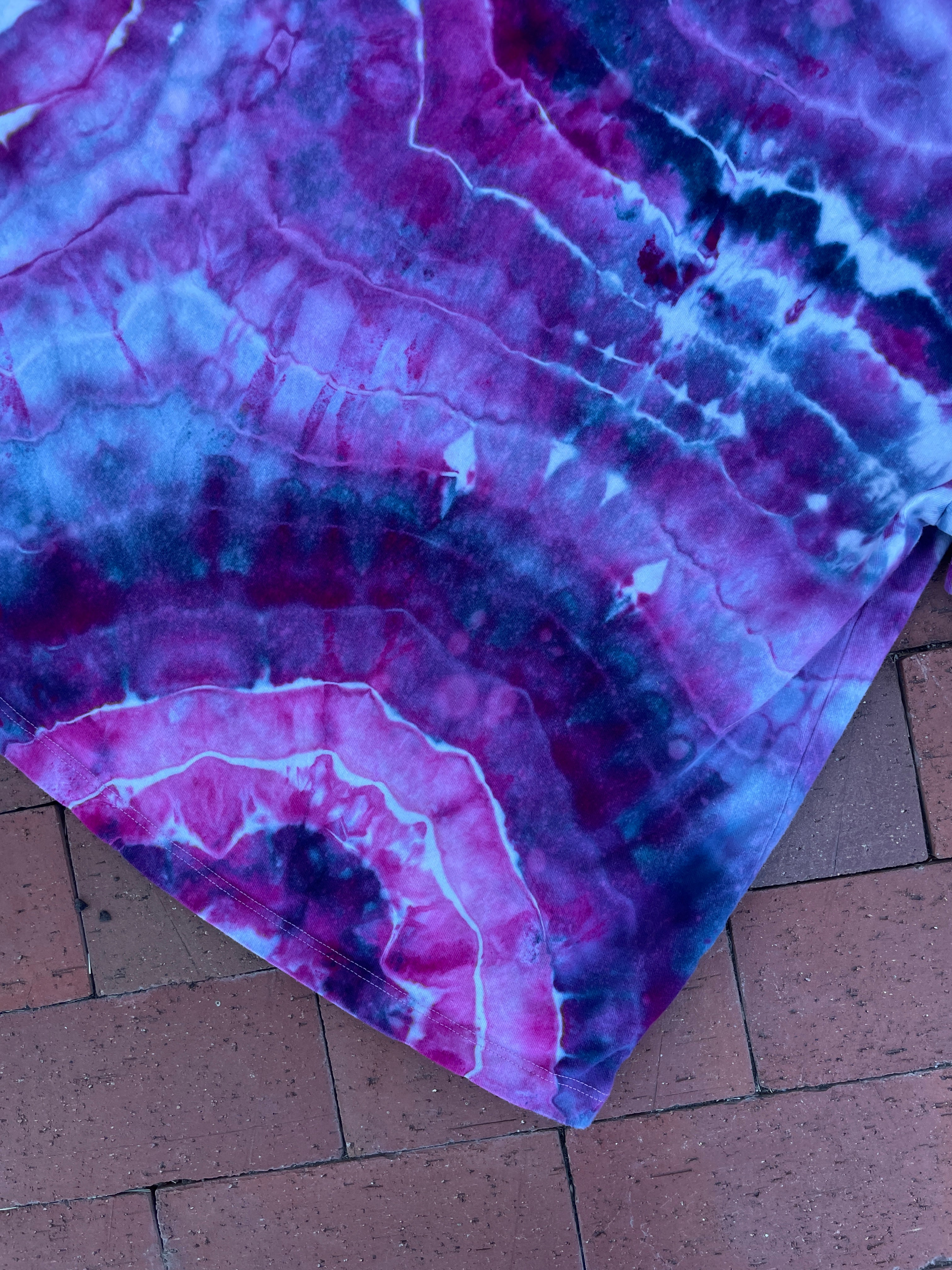 Large Women's Hand-Printed Peace Sign Reverse Tie Dye Short Sleeve T-Shirt | Handmade One-Of-a-Kind Upcycled Blue and Pink Geode Galaxy Top