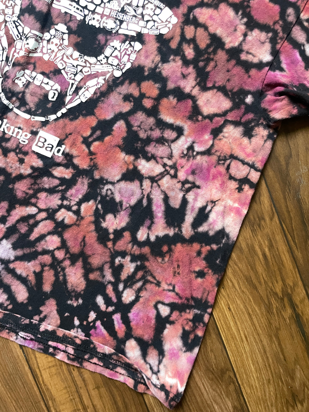 Breaking Bad Heisenberg Handmade Reverse Tie Dye Short Sleeve T-Shirt | One-Of-a-Kind Upcycled Black and Maroon Top | Men's XL