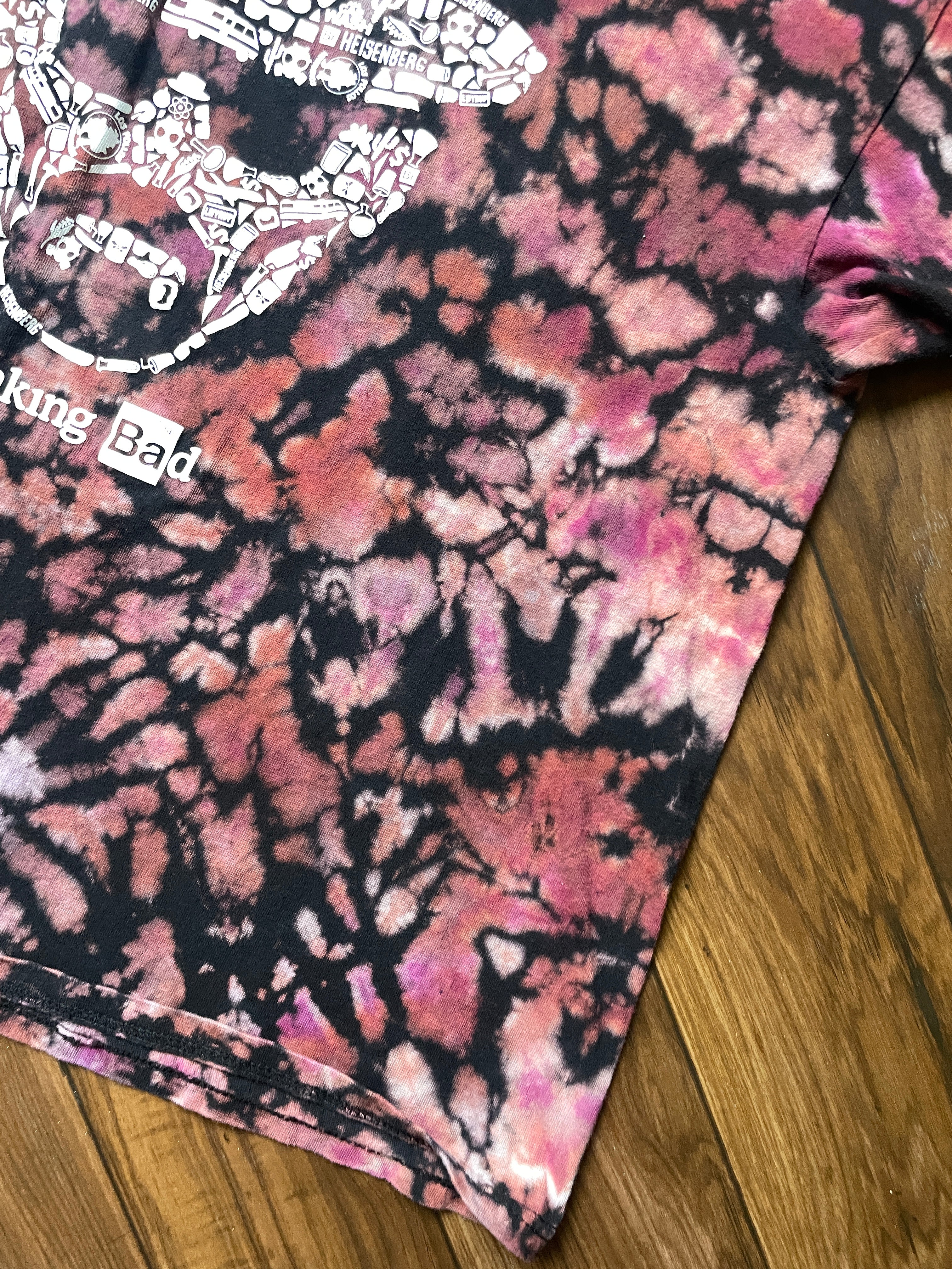 Breaking Bad Heisenberg Handmade Reverse Tie Dye Short Sleeve T-Shirt | One-Of-a-Kind Upcycled Black and Maroon Top | Men's XL