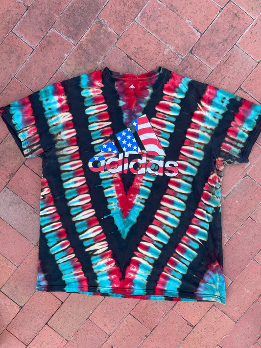 XL Men's adidas American Flag Handmade Reverse Tie Dye Short Sleeve T-Shirt | One-Of-a-Kind Upcycled Black, Red, White, and Blue V-Pleated Top