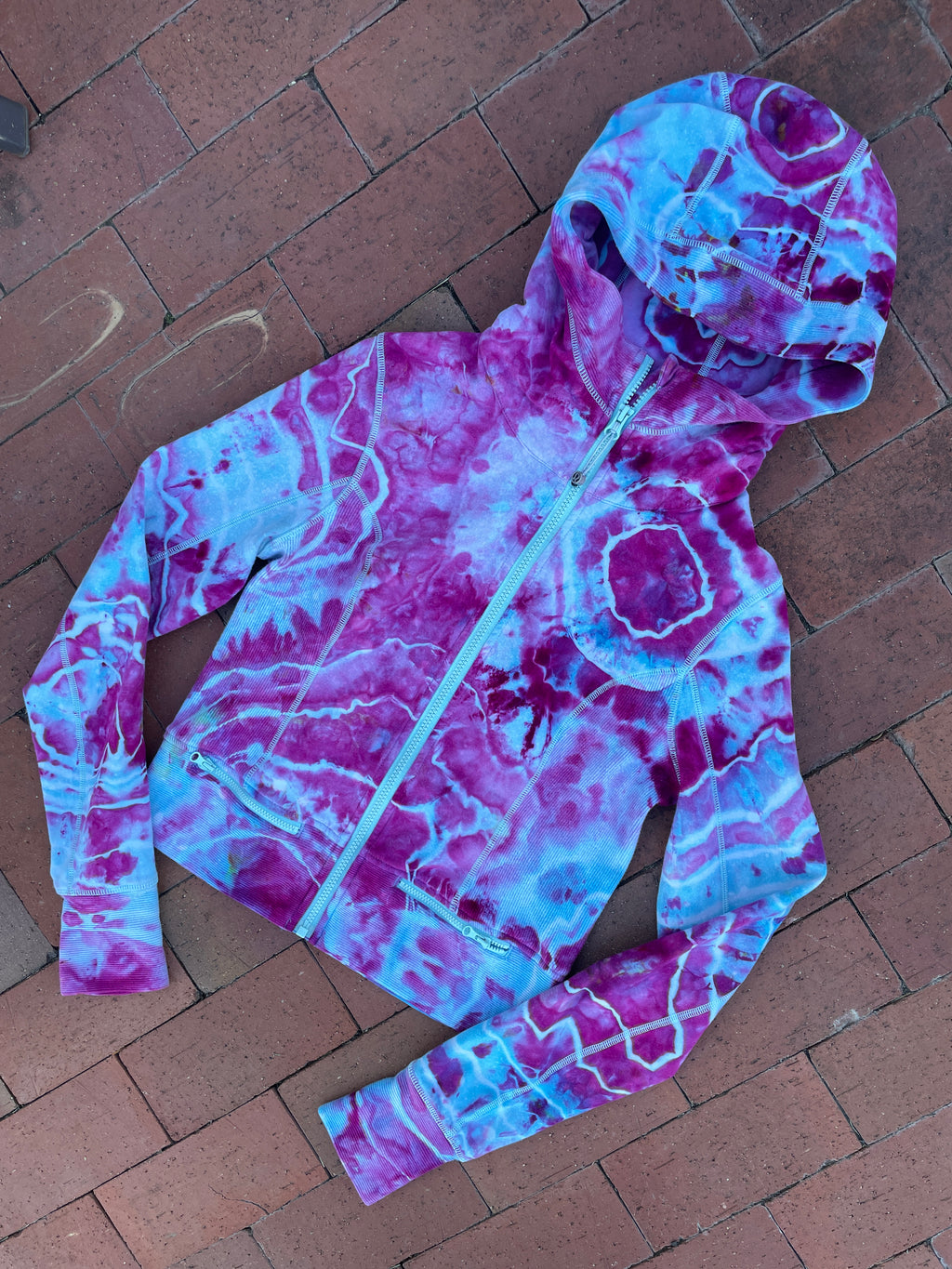 SMALL Women's lululemon Handmade Galaxy Ice Dye Geode Full-Zip Running Hoodie | One-Of-a-Kind Upcycled Blue and Purple Yoga Sweatshirt
