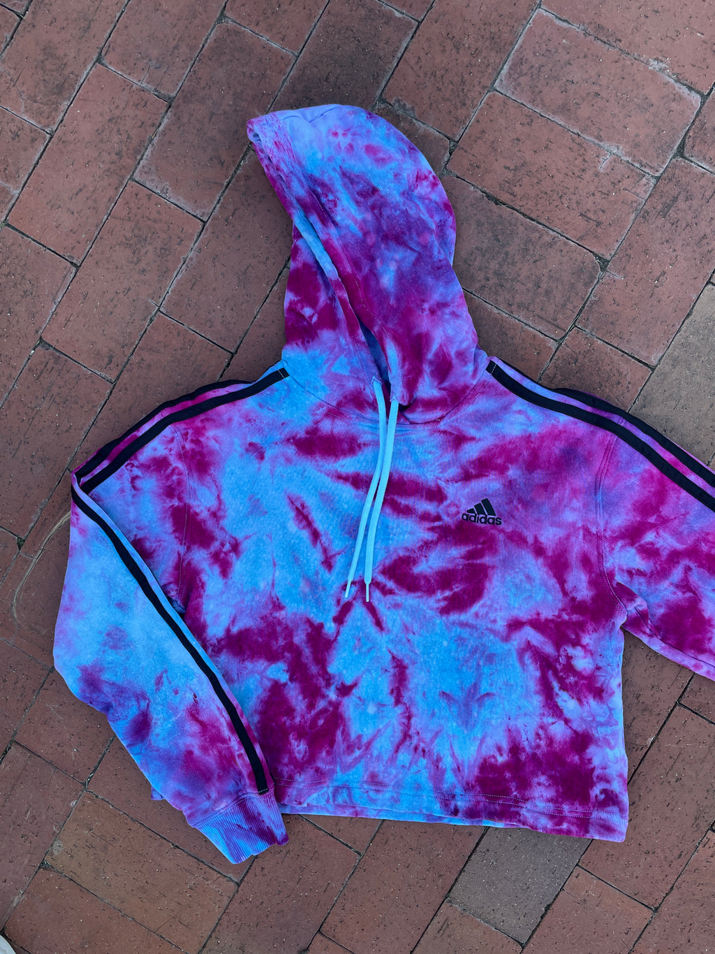 MEDIUM Women's adidas Galaxy Ice Dye Tie Dye Long Sleeve Cropped Hoodie | One-Of-a-Kind Upcycled Blue and Purple Pullover Sweatshirt