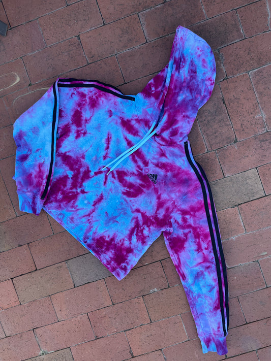 MEDIUM Women's adidas Galaxy Ice Dye Tie Dye Long Sleeve Cropped Hoodie | One-Of-a-Kind Upcycled Blue and Purple Pullover Sweatshirt