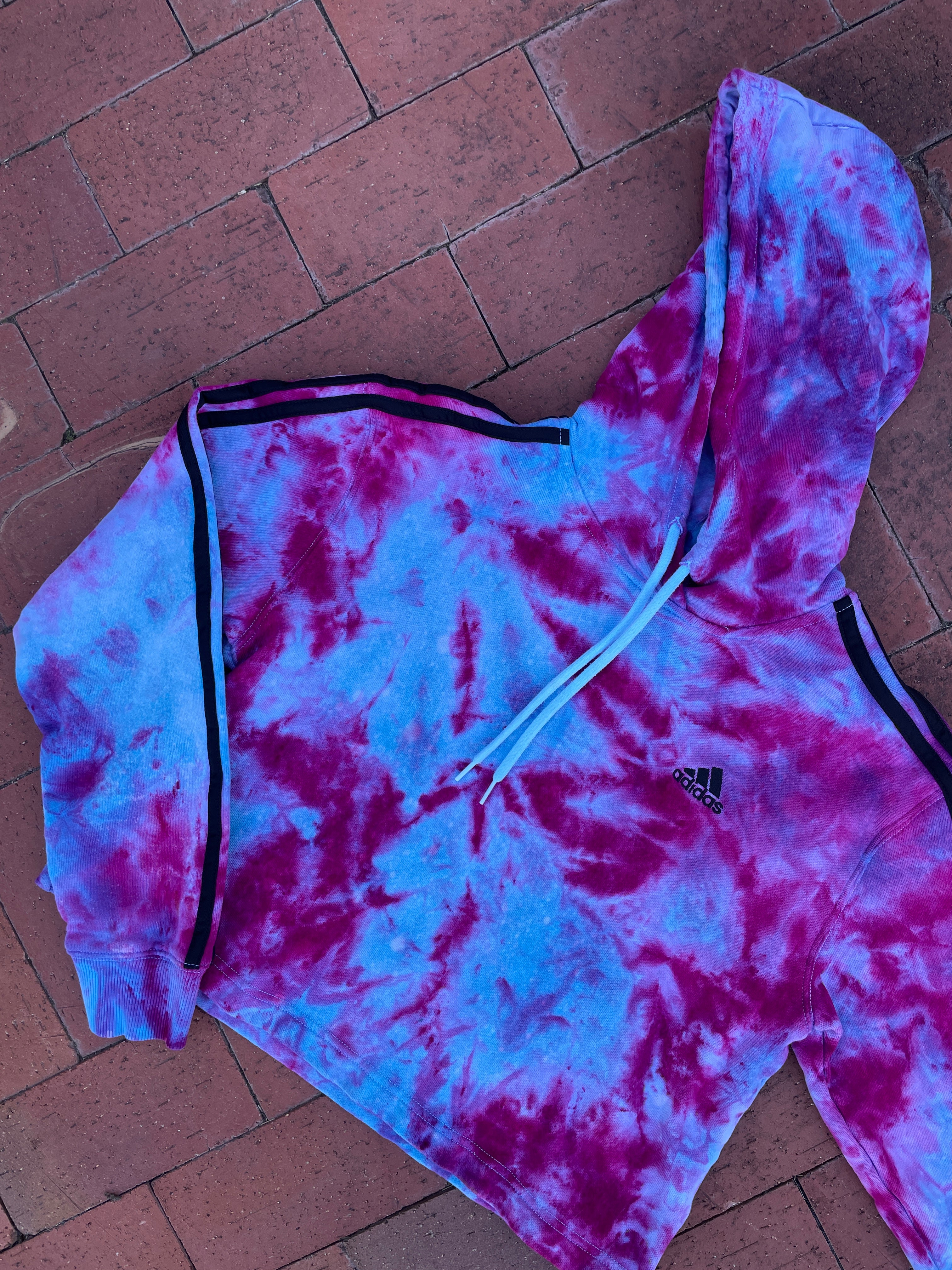 MEDIUM Women's adidas Galaxy Ice Dye Tie Dye Long Sleeve Cropped Hoodie | One-Of-a-Kind Upcycled Blue and Purple Pullover Sweatshirt