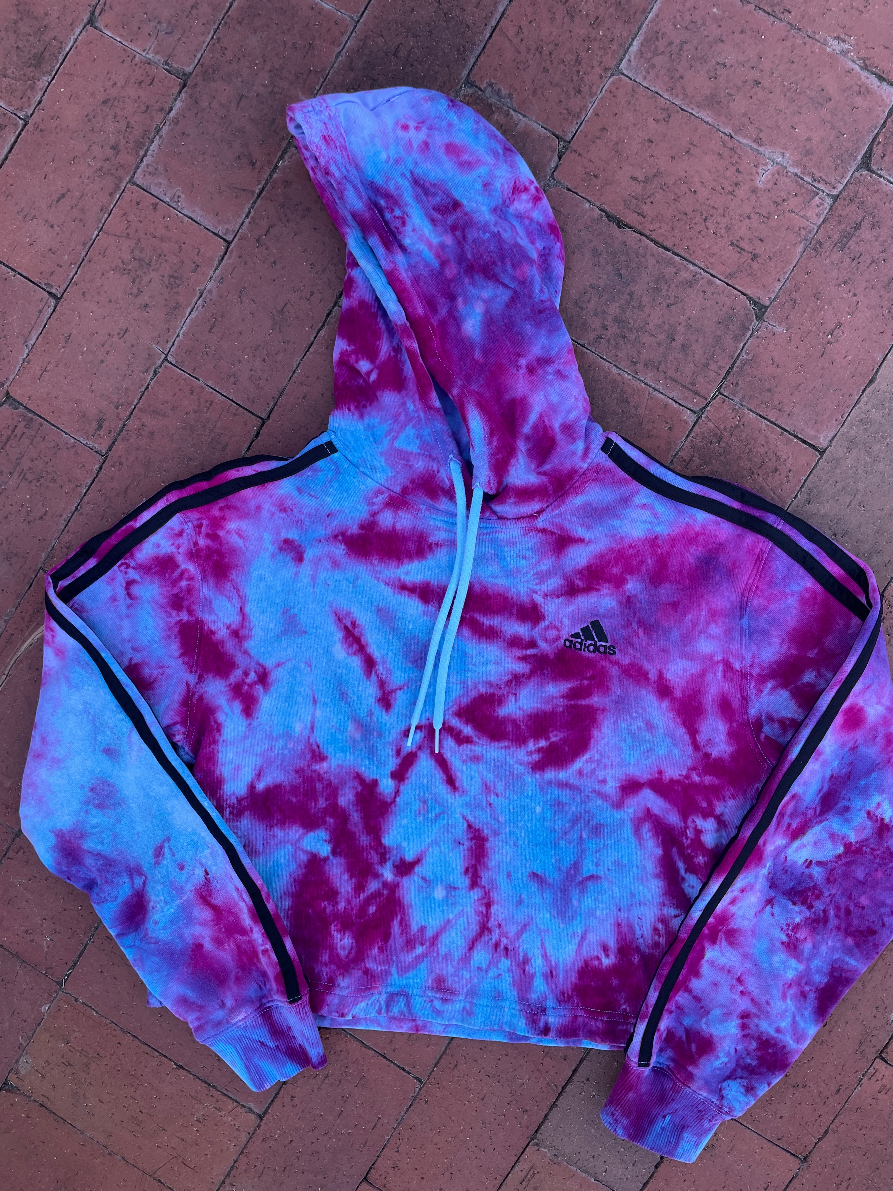 MEDIUM Women's adidas Galaxy Ice Dye Tie Dye Long Sleeve Cropped Hoodie | One-Of-a-Kind Upcycled Blue and Purple Pullover Sweatshirt
