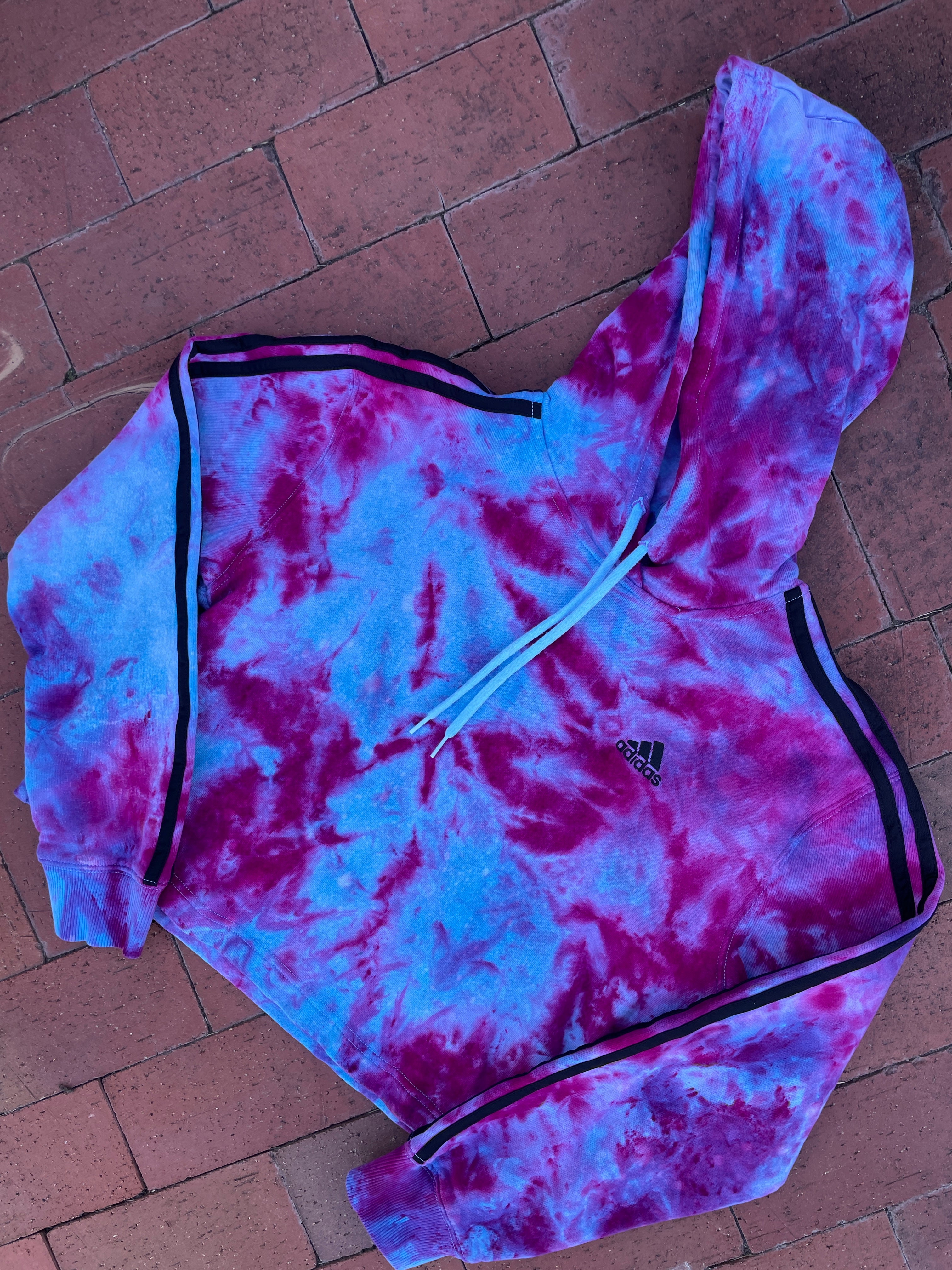 MEDIUM Women's adidas Galaxy Ice Dye Tie Dye Long Sleeve Cropped Hoodie | One-Of-a-Kind Upcycled Blue and Purple Pullover Sweatshirt
