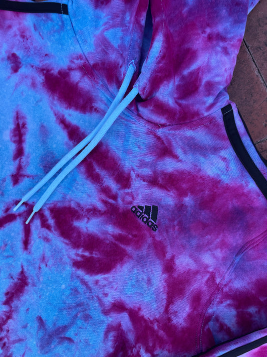 MEDIUM Women's adidas Galaxy Ice Dye Tie Dye Long Sleeve Cropped Hoodie | One-Of-a-Kind Upcycled Blue and Purple Pullover Sweatshirt