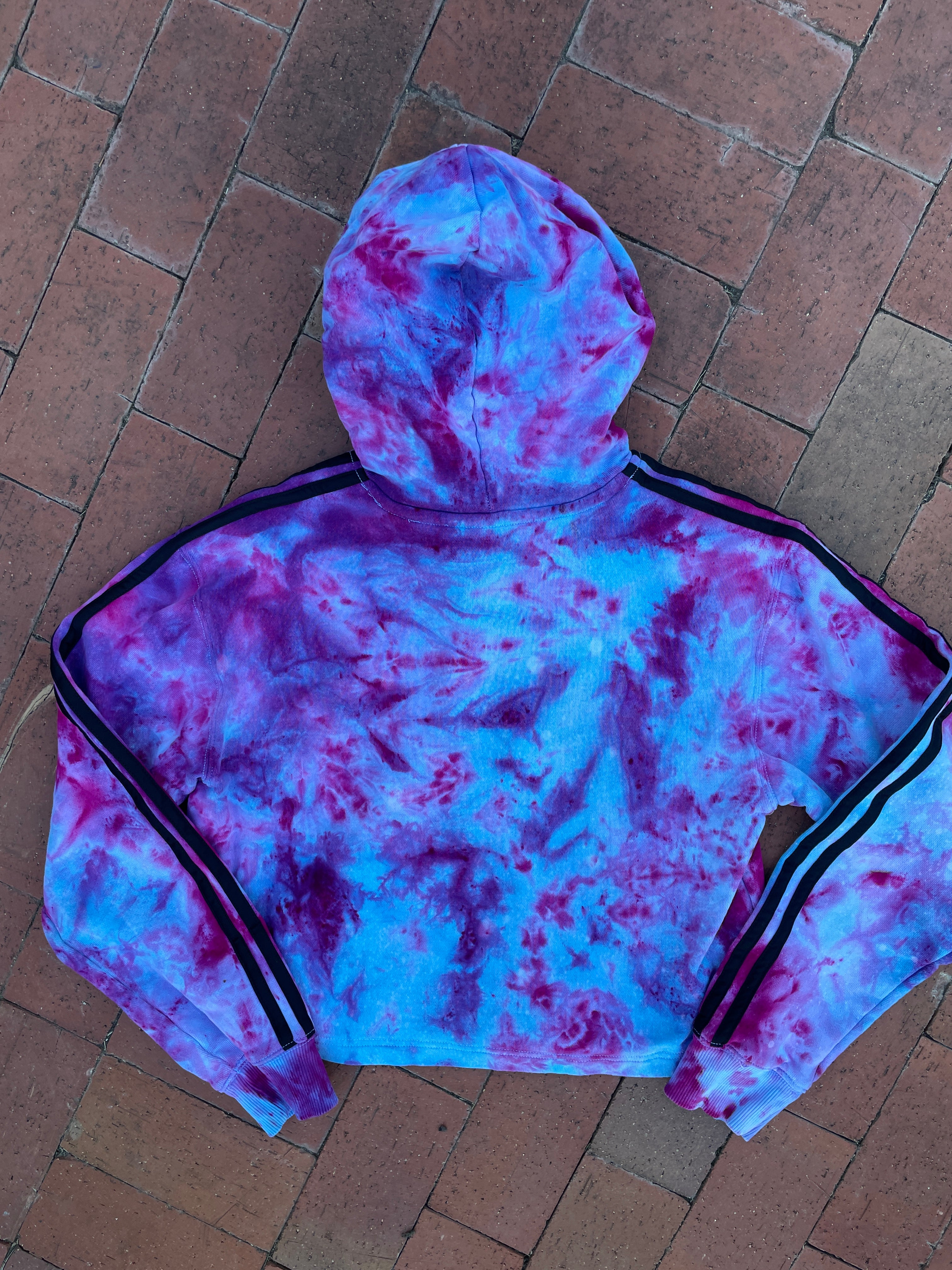 MEDIUM Women's adidas Galaxy Ice Dye Tie Dye Long Sleeve Cropped Hoodie | One-Of-a-Kind Upcycled Blue and Purple Pullover Sweatshirt
