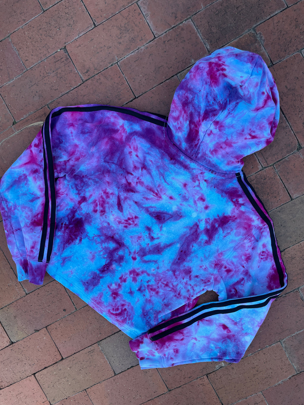 MEDIUM Women's adidas Galaxy Ice Dye Tie Dye Long Sleeve Cropped Hoodie | One-Of-a-Kind Upcycled Blue and Purple Pullover Sweatshirt