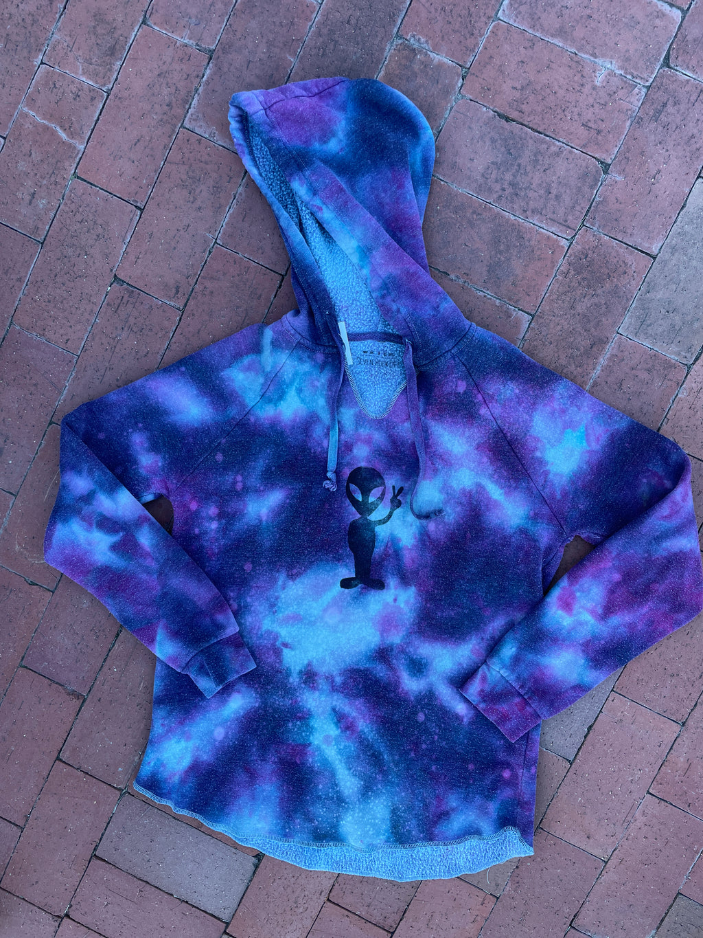 Large Women's Hand-Printed Alien Handmade Galaxy Tie Dye Hoodie | Handmade One-Of-a-Kind Upcycled Purple and Blue Sweatshirt