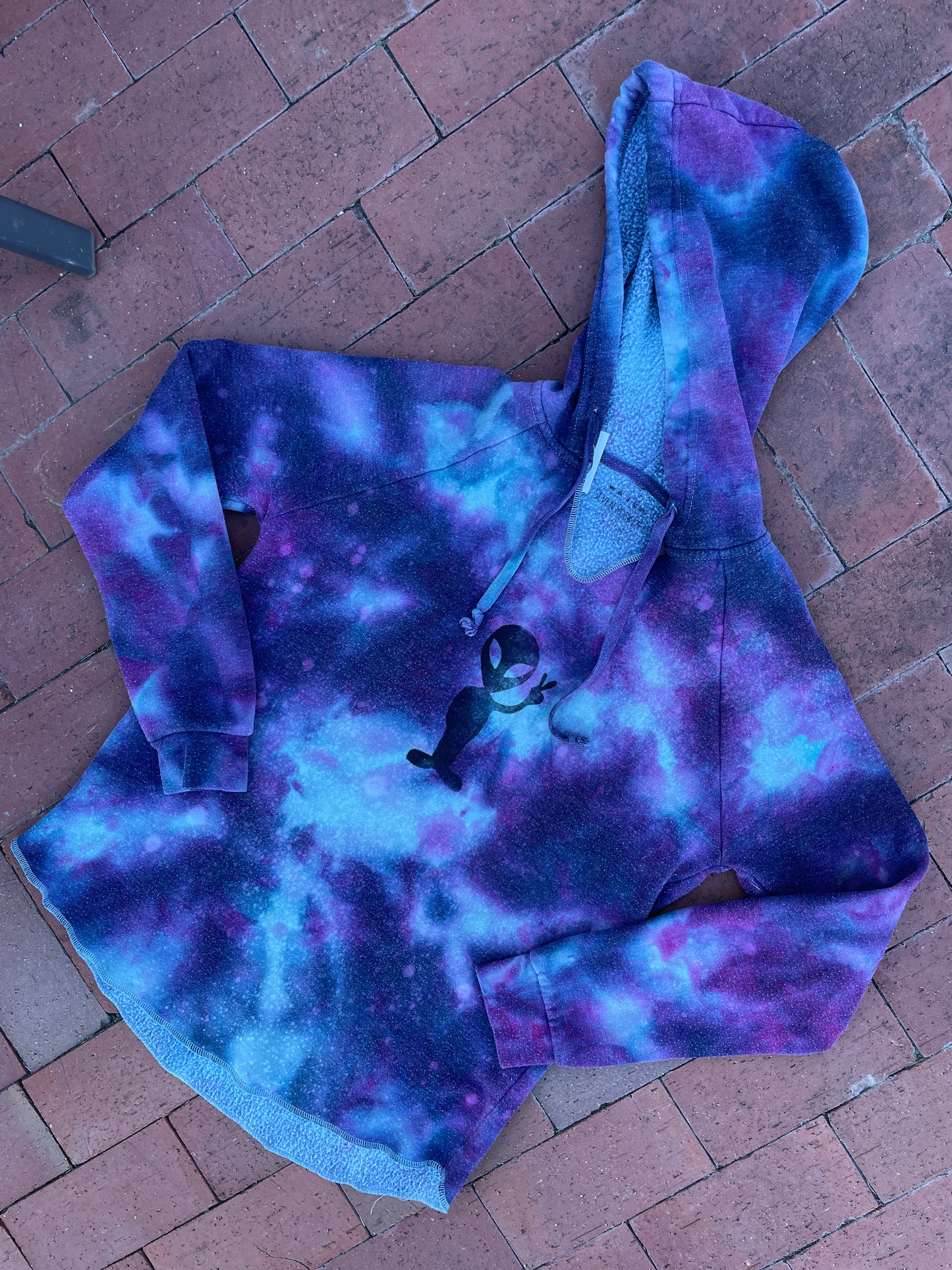 Large Women's Hand-Printed Alien Handmade Galaxy Tie Dye Hoodie | Handmade One-Of-a-Kind Upcycled Purple and Blue Sweatshirt