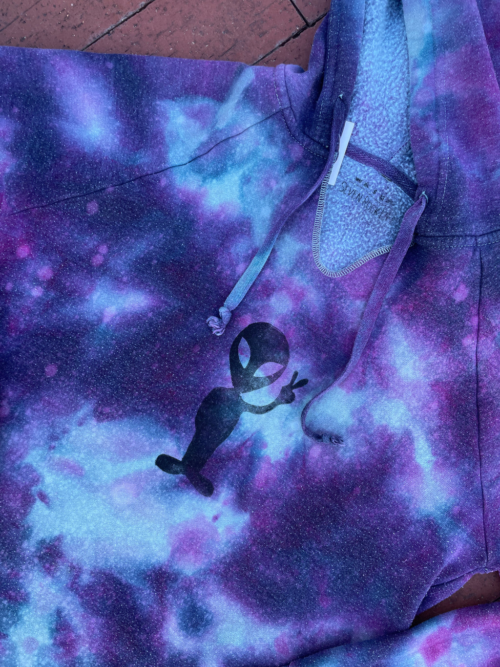 Large Women's Hand-Printed Alien Handmade Galaxy Tie Dye Hoodie | Handmade One-Of-a-Kind Upcycled Purple and Blue Sweatshirt