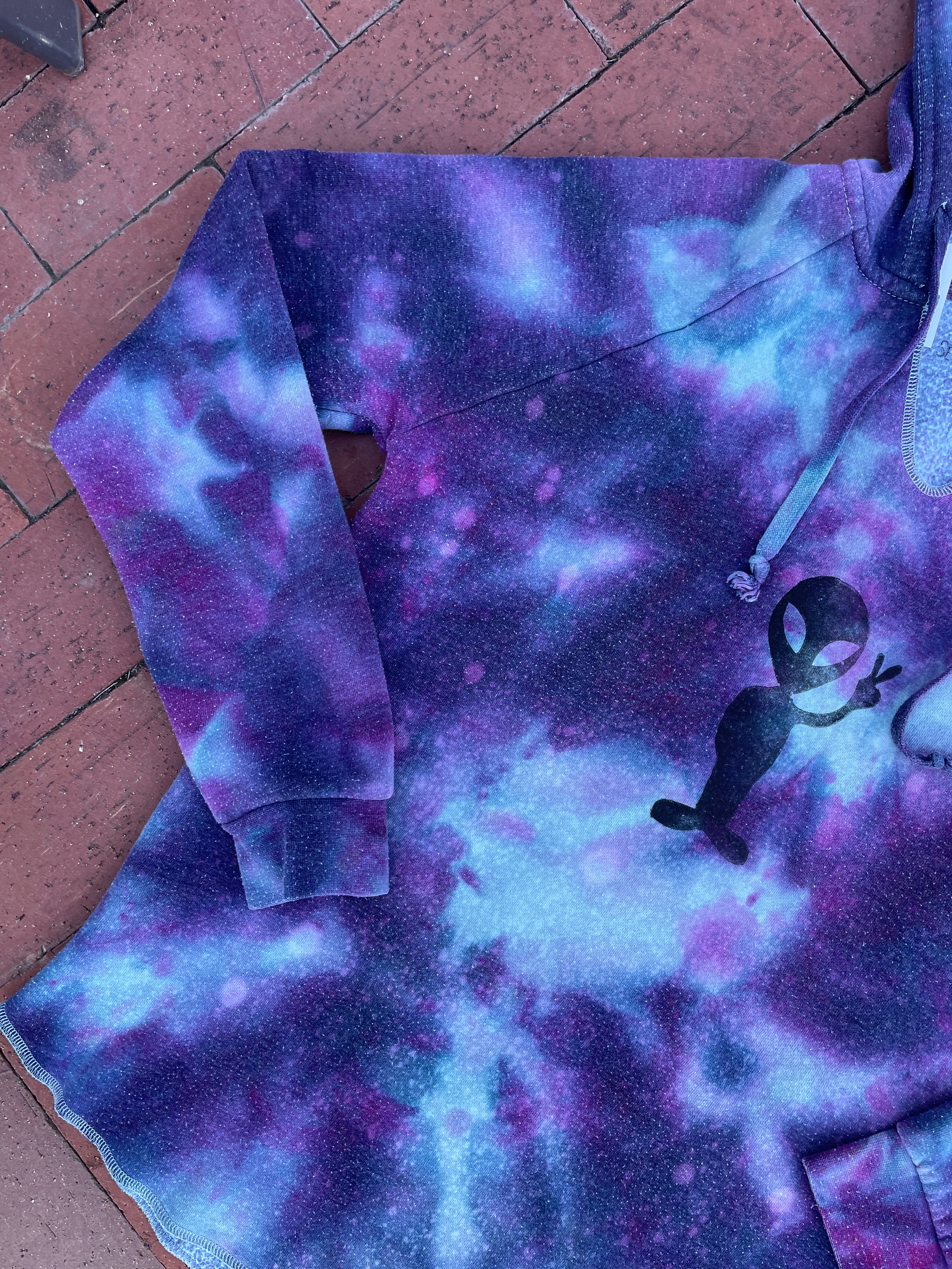 Large Women's Hand-Printed Alien Handmade Galaxy Tie Dye Hoodie | Handmade One-Of-a-Kind Upcycled Purple and Blue Sweatshirt