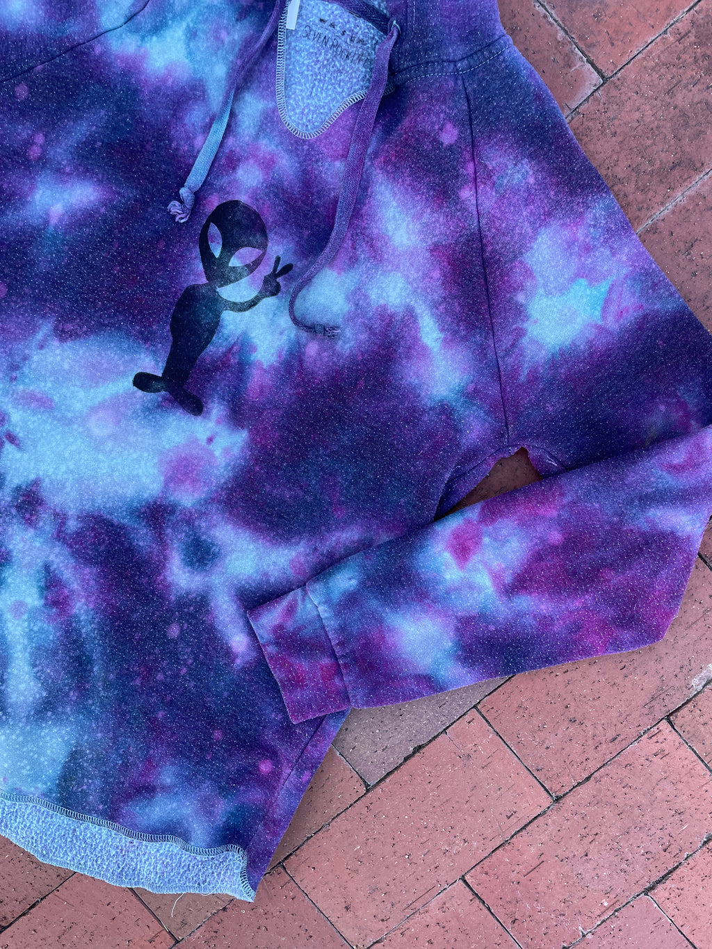 Large Women's Hand-Printed Alien Handmade Galaxy Tie Dye Hoodie | Handmade One-Of-a-Kind Upcycled Purple and Blue Sweatshirt