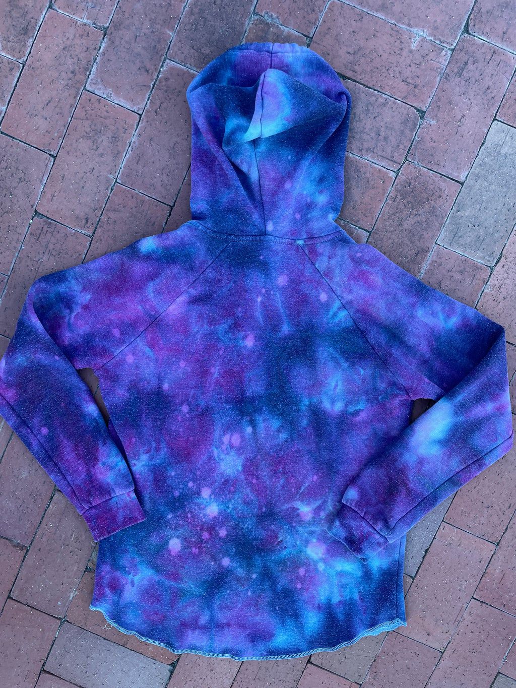 Large Women's Hand-Printed Alien Handmade Galaxy Tie Dye Hoodie | Handmade One-Of-a-Kind Upcycled Purple and Blue Sweatshirt
