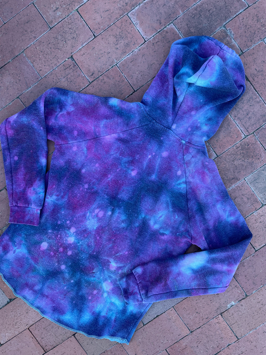 Large Women's Hand-Printed Alien Handmade Galaxy Tie Dye Hoodie | Handmade One-Of-a-Kind Upcycled Purple and Blue Sweatshirt