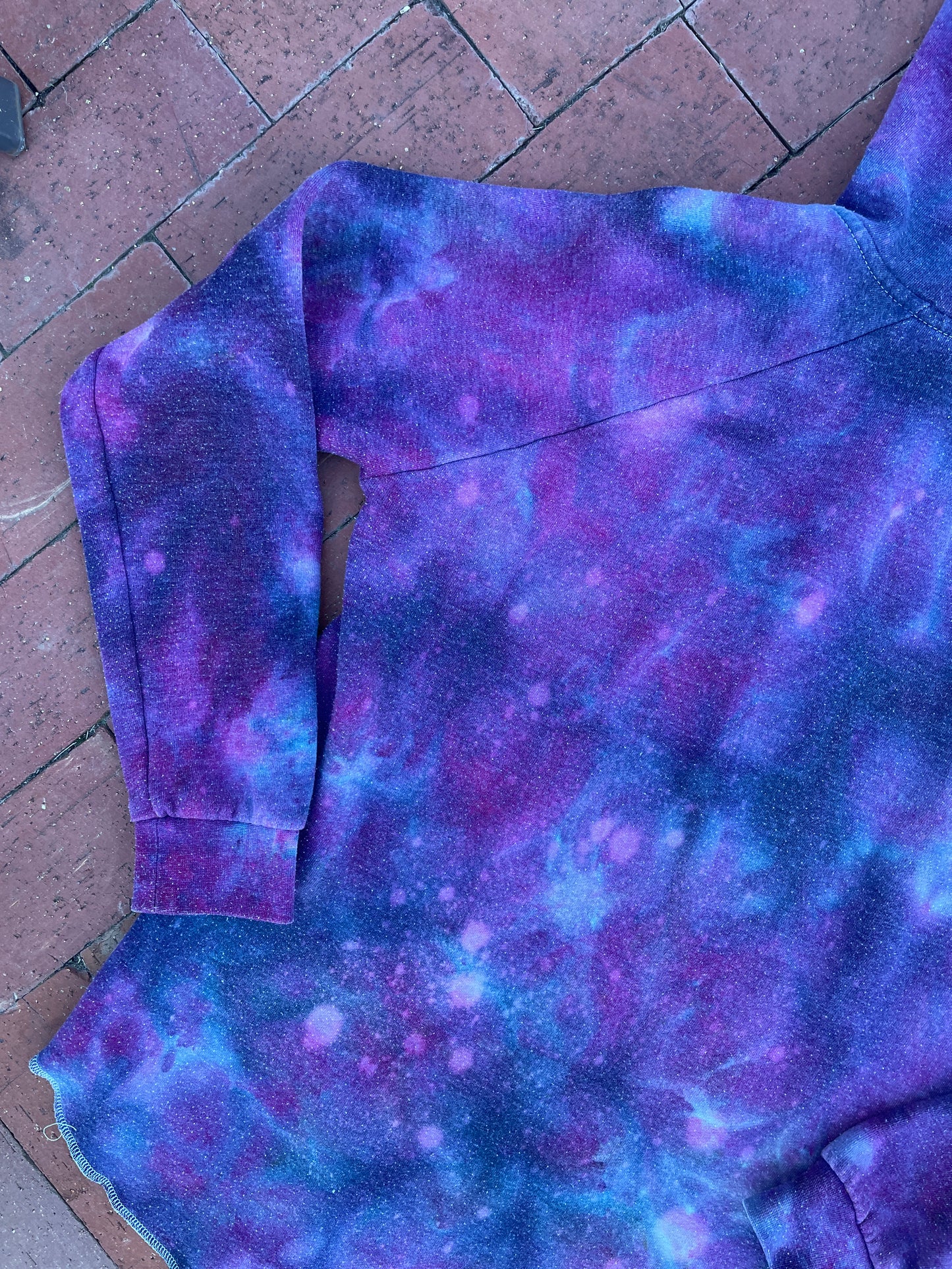 Large Women's Hand-Printed Alien Handmade Galaxy Tie Dye Hoodie | Handmade One-Of-a-Kind Upcycled Purple and Blue Sweatshirt