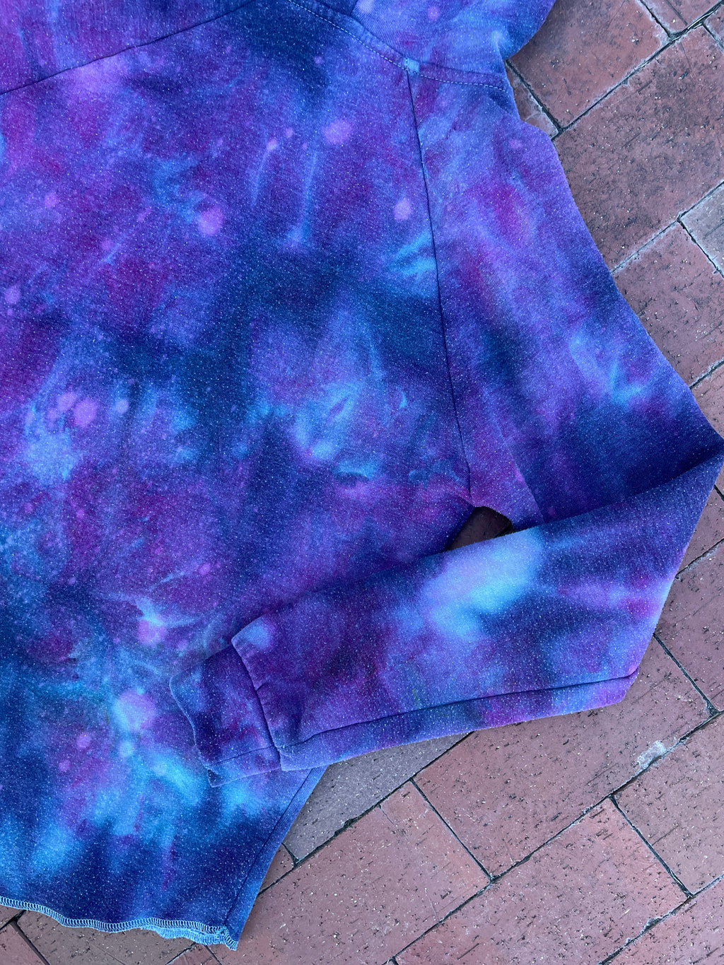 Large Women's Hand-Printed Alien Handmade Galaxy Tie Dye Hoodie | Handmade One-Of-a-Kind Upcycled Purple and Blue Sweatshirt