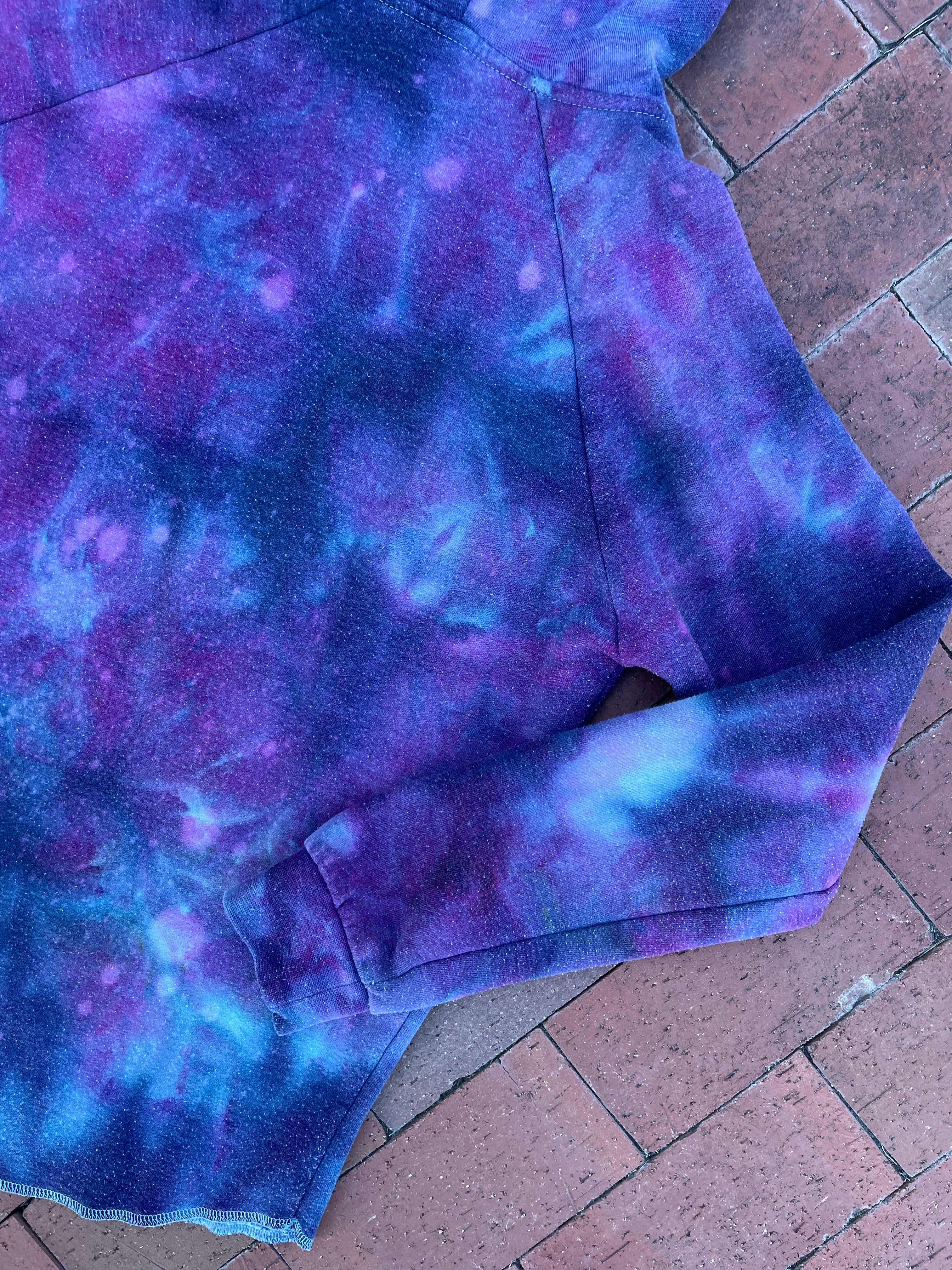 Large Women's Hand-Printed Alien Handmade Galaxy Tie Dye Hoodie | Handmade One-Of-a-Kind Upcycled Purple and Blue Sweatshirt