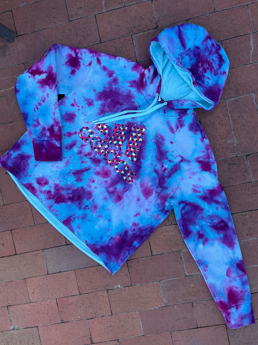 XL Women's adidas Galaxy Ice Dye Tie Dye Long Sleeve Pullover Hoodie | One-Of-a-Kind Upcycled Blue and Purple Sweatshirt